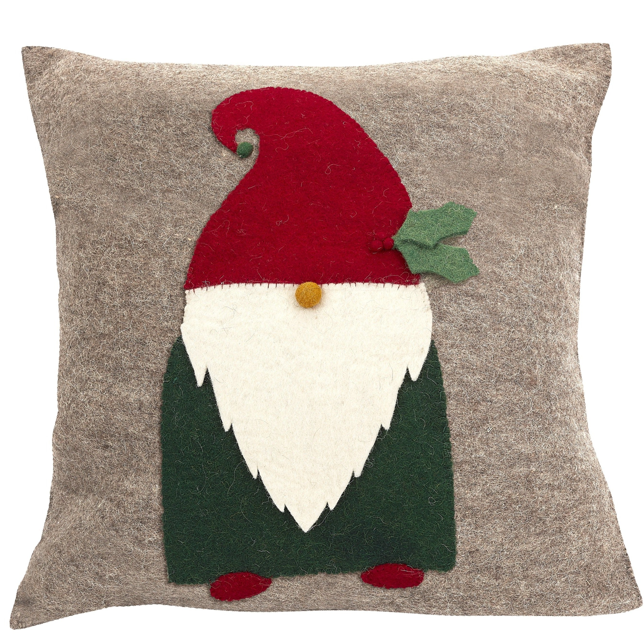 Hand Felted Wool Pillow - Gnome With Red Hat On Gray - 20"