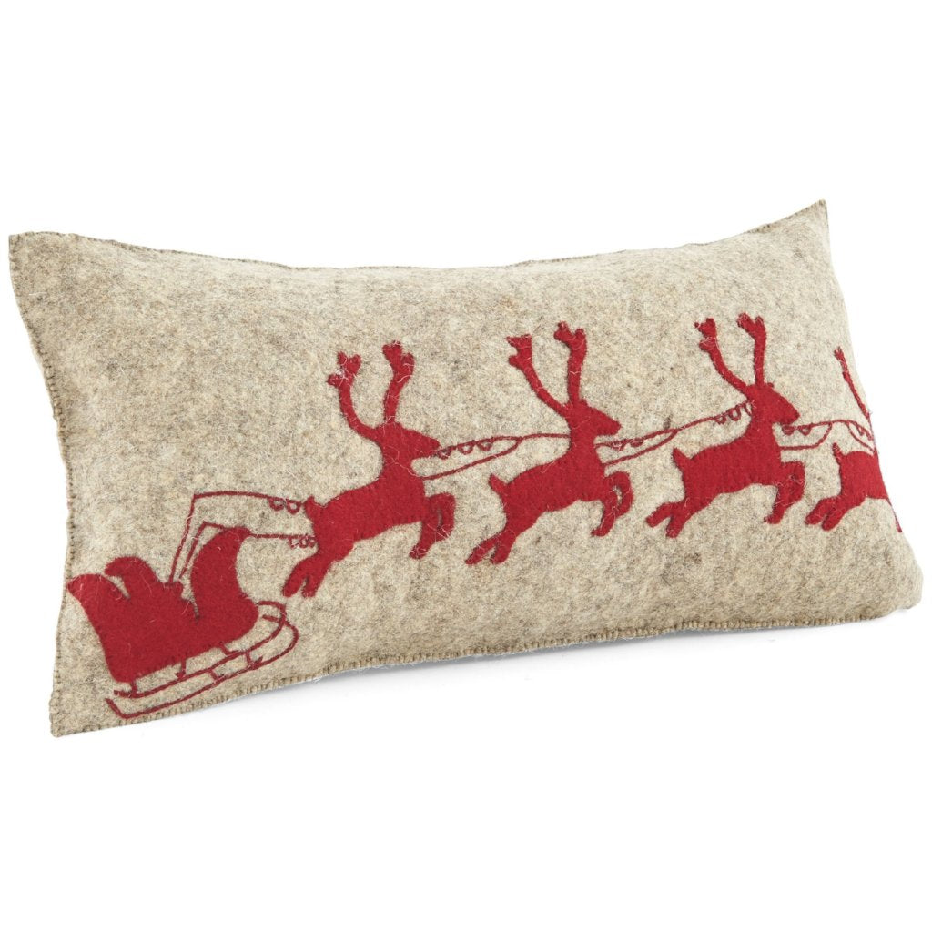 Handmade Christmas Pillow Cover In Hand Felted Wool - Red Reindeer On Gray - 12"x24"
