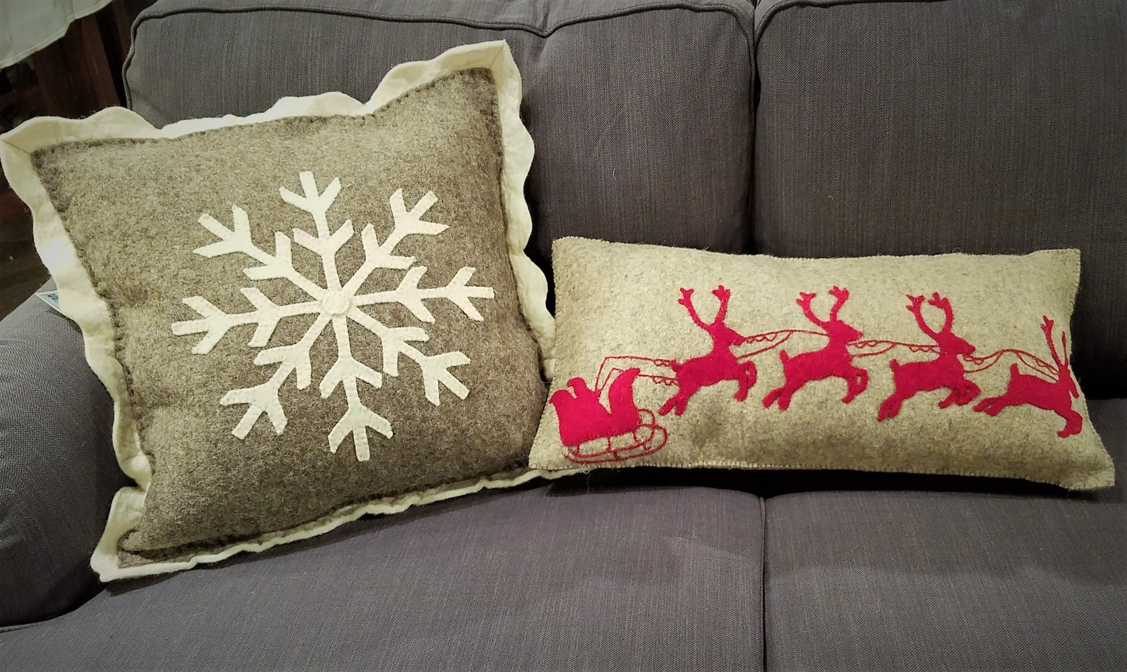 Handmade Christmas Pillow Cover In Hand Felted Wool - Red Reindeer On Gray - 12"x24"