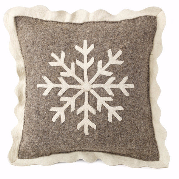 Handmade Christmas Pillow In Hand Felted Wool - Big Snowflake On Gray - 20"