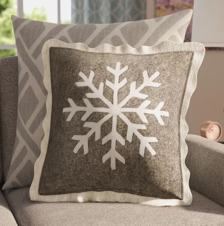 Handmade Christmas Pillow In Hand Felted Wool - Big Snowflake On Gray - 20"