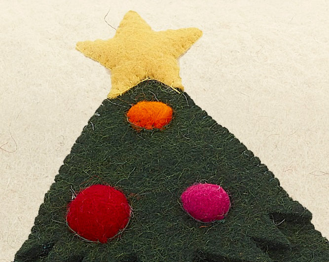 Hand Felted Wool Christmas Pillow - Tree With Ornaments On Cream - 20"