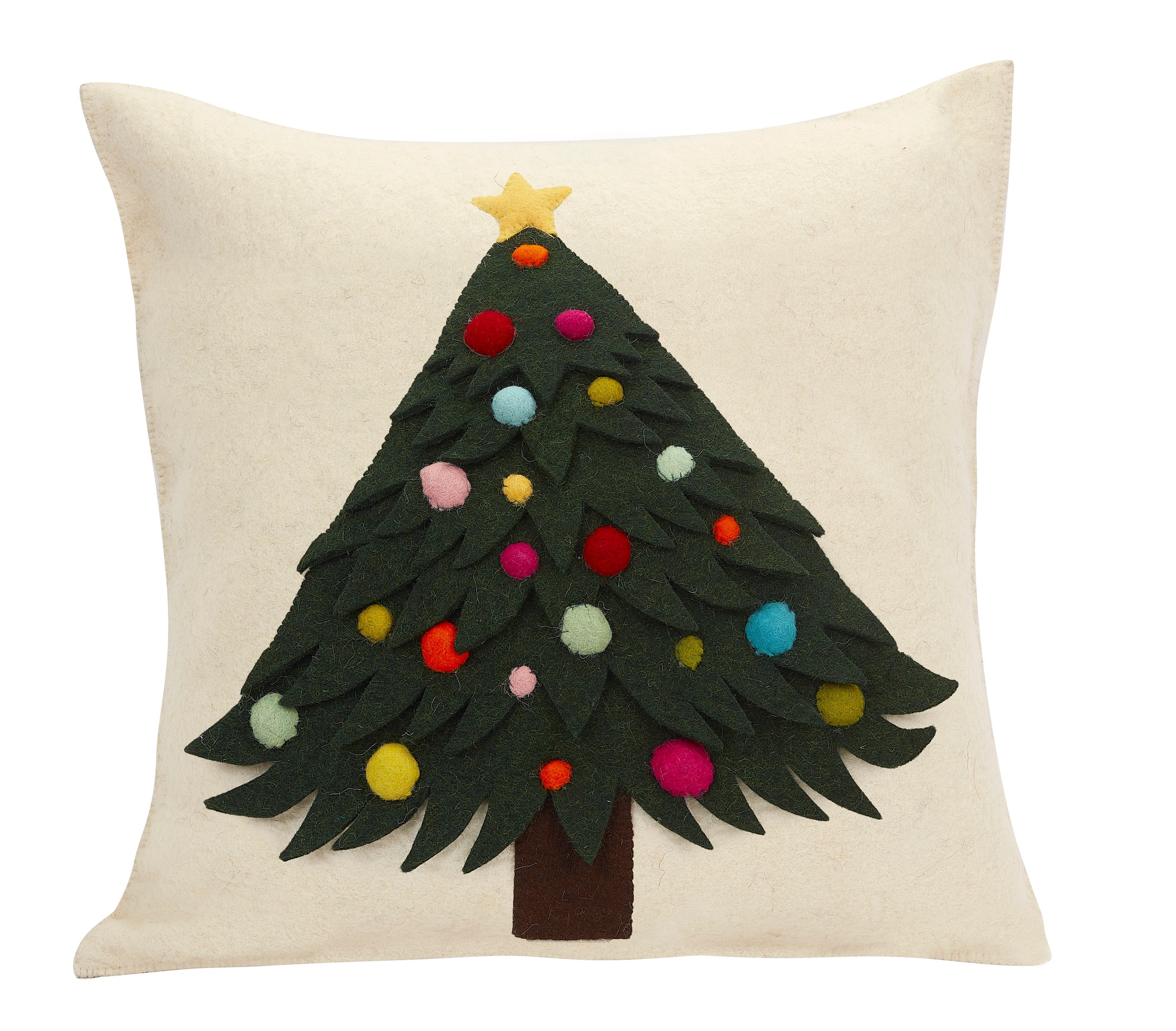 Hand Felted Wool Christmas Pillow - Tree With Ornaments On Cream - 20"