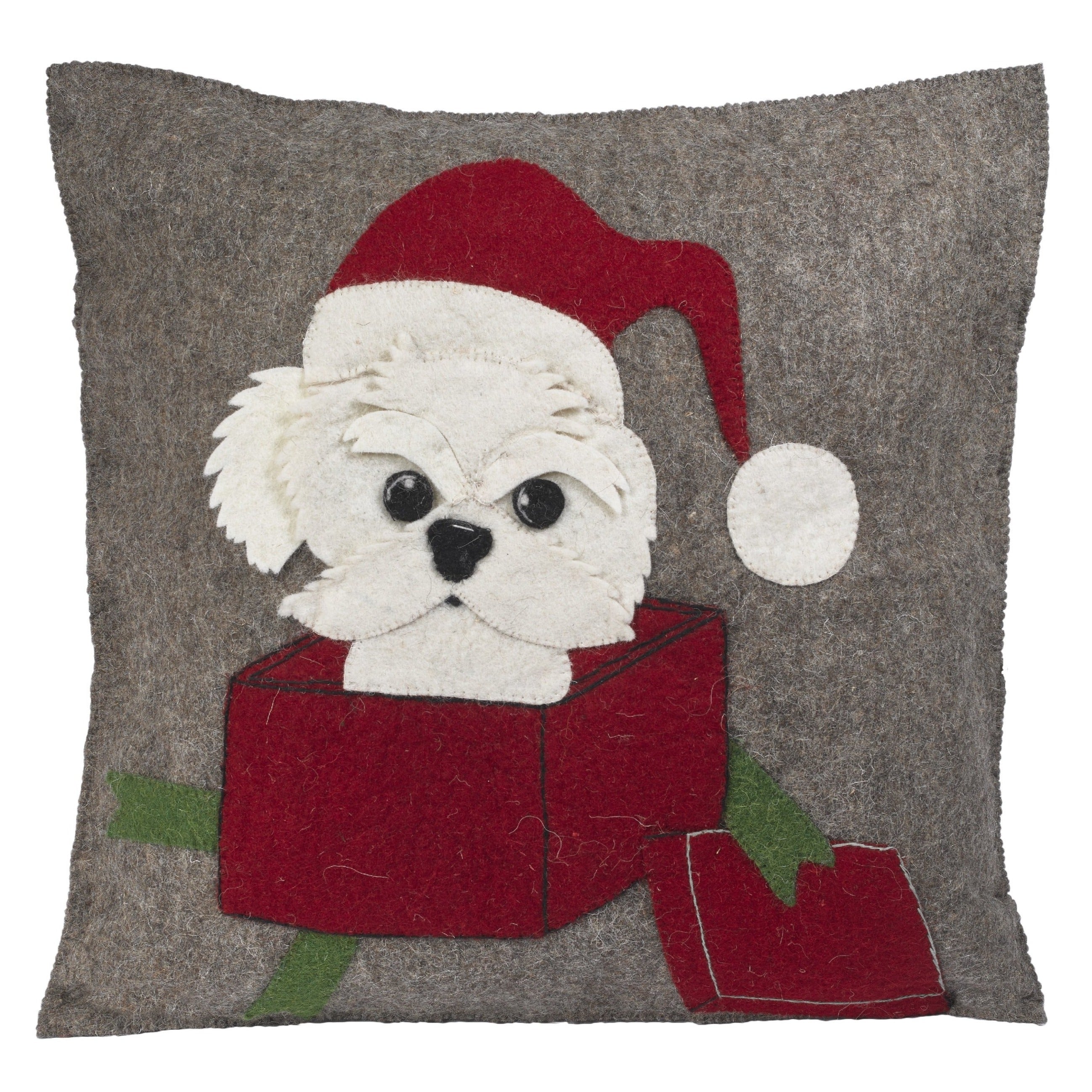 Hand Felted Wool Christmas Pillow - Dog In Box - 20"