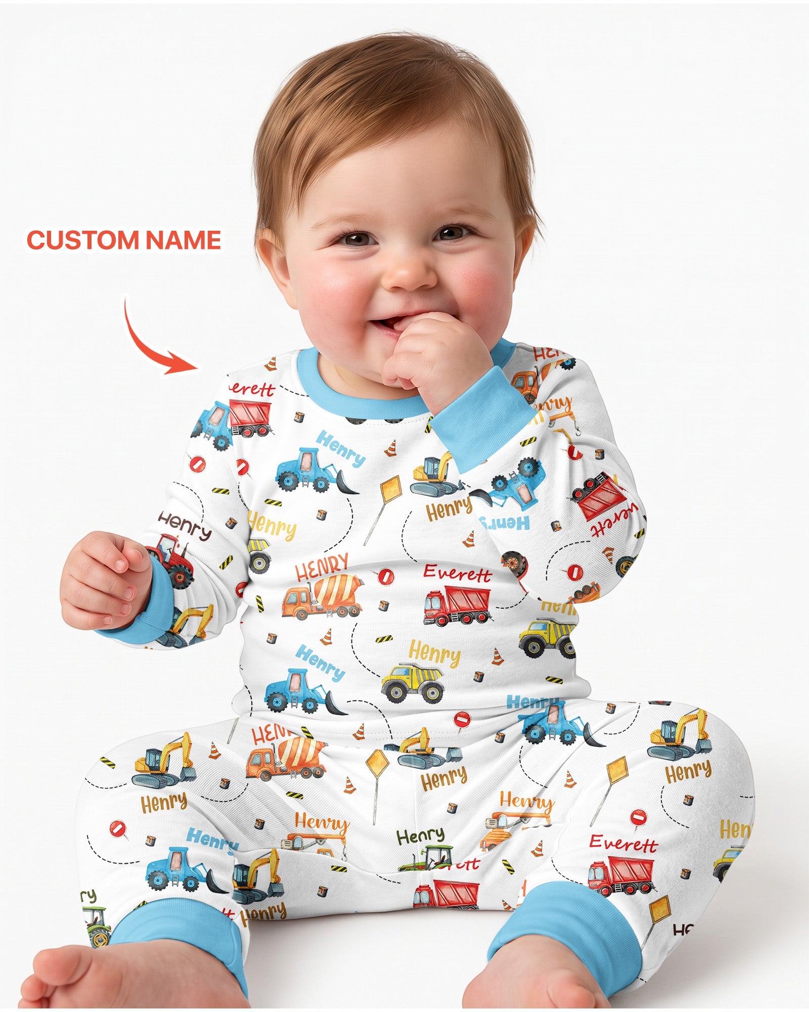 Construction Vehicles Custom Name Bamboo Two Piece Long Sleeve Pajama Set