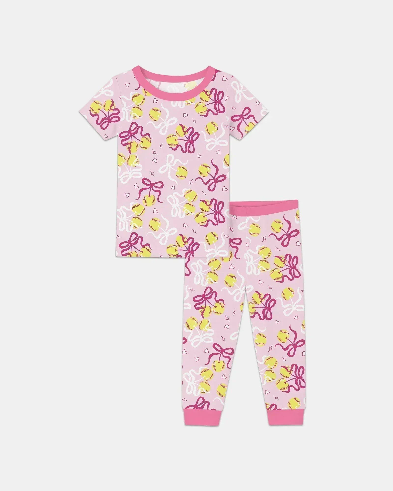 Softball Cherry Mom And Girl Matching Bamboo Two Piece Short Sleeve Pajama Set