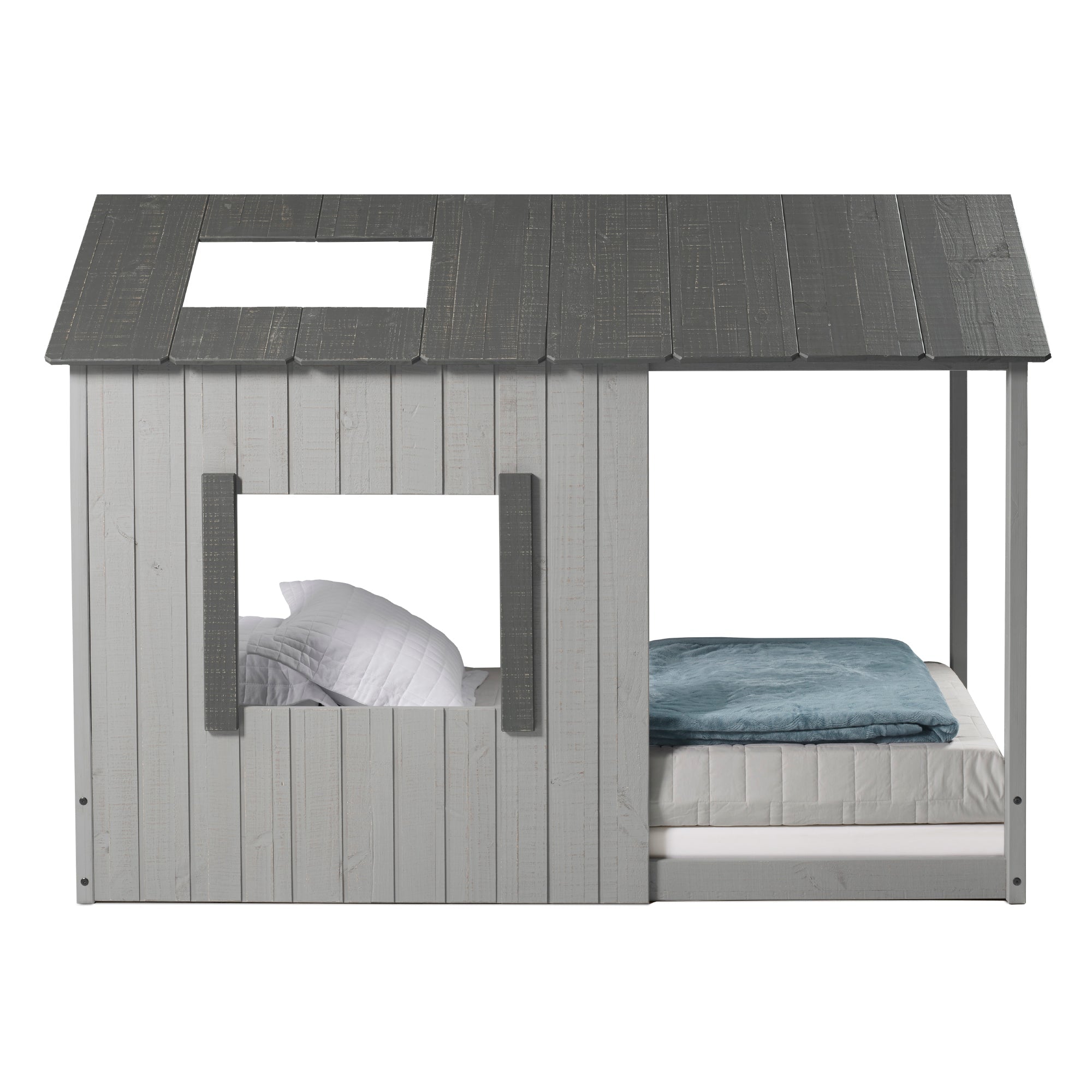 P'kolino Kid's House Twin Floor Bed - Dark Grey Roof with Light Grey Walls