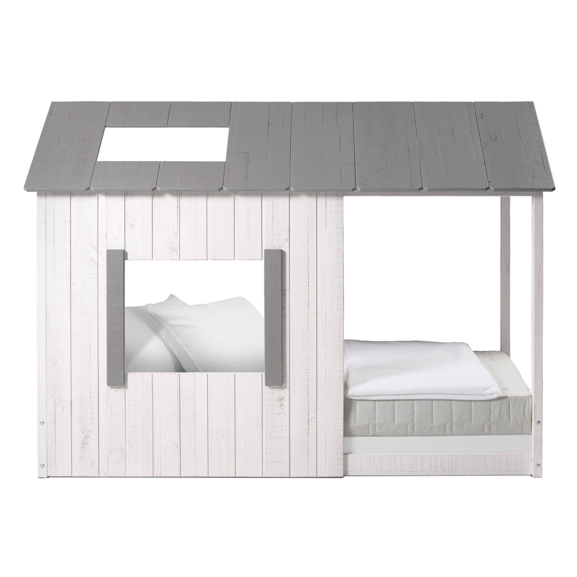 P'kolino Kid's House Twin Floor Bed - White Wall & Frame with Grey Roof