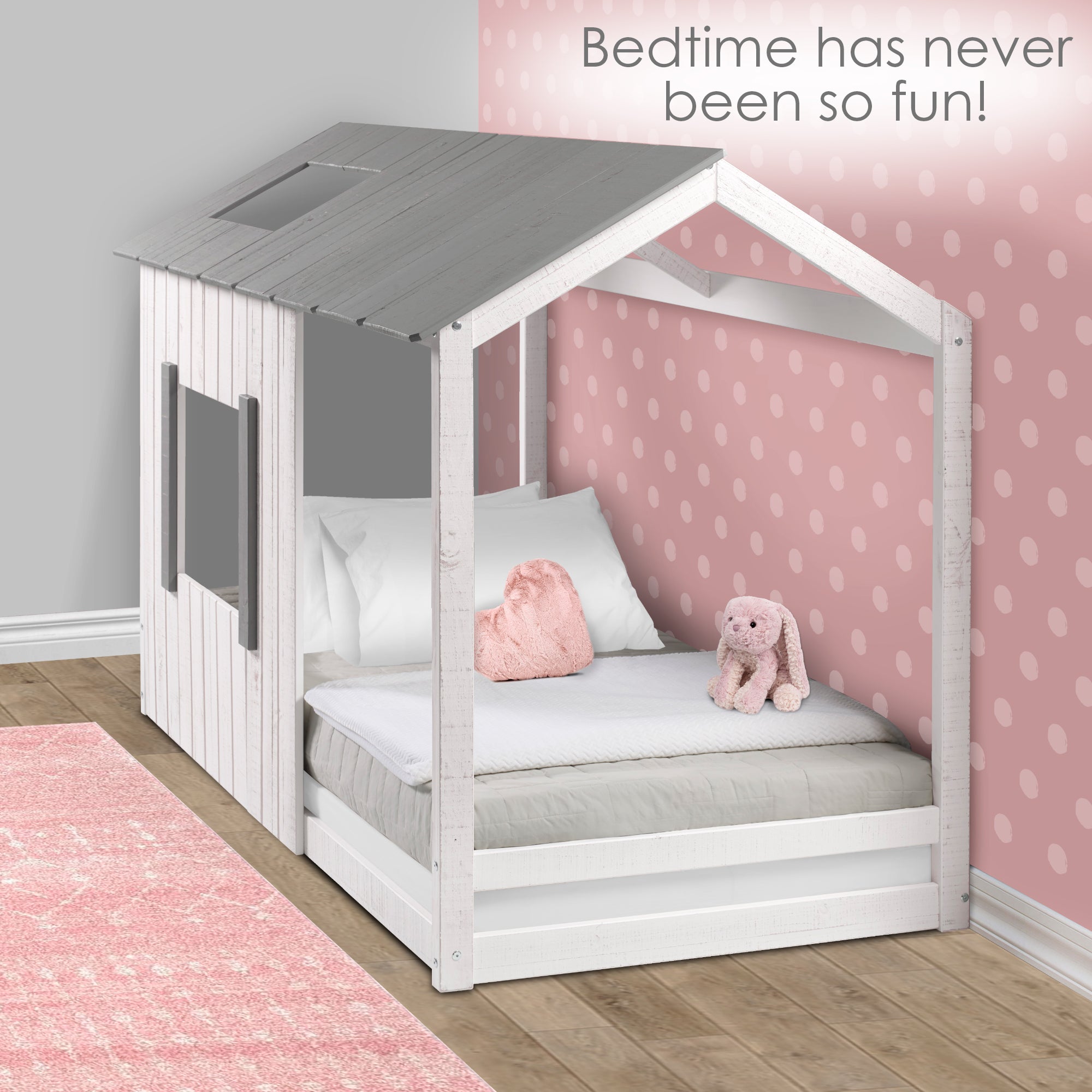 P'kolino Kid's House Twin Floor Bed - White Wall & Frame with Grey Roof