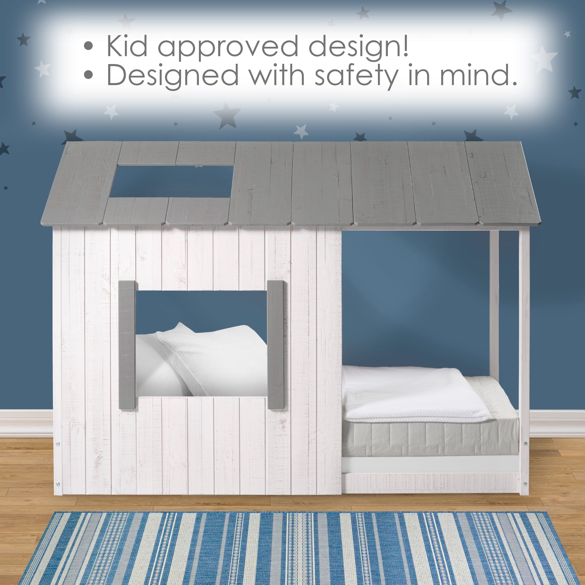 P'kolino Kid's House Twin Floor Bed - White Wall & Frame with Grey Roof