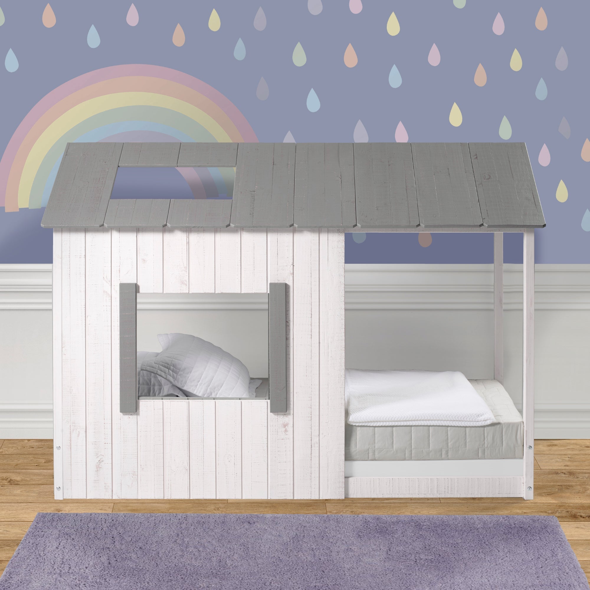 P'kolino Kid's House Twin Floor Bed - White Wall & Frame with Grey Roof