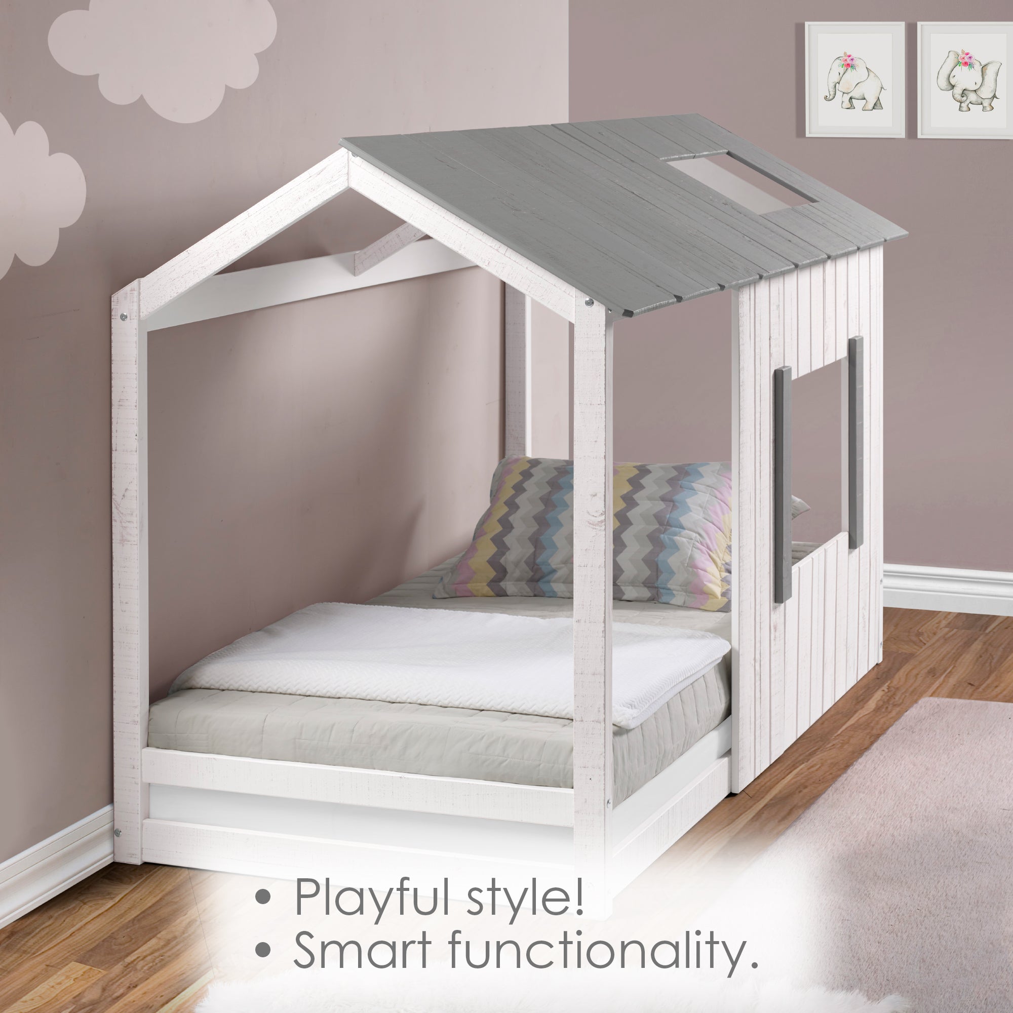 P'kolino Kid's House Twin Floor Bed - White Wall & Frame with Grey Roof