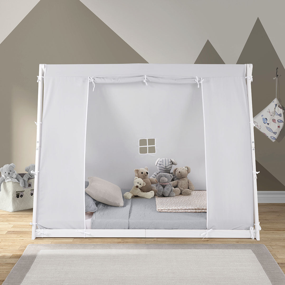 Kid's Tent Twin Floor Bed – Grey Tent With White Frame