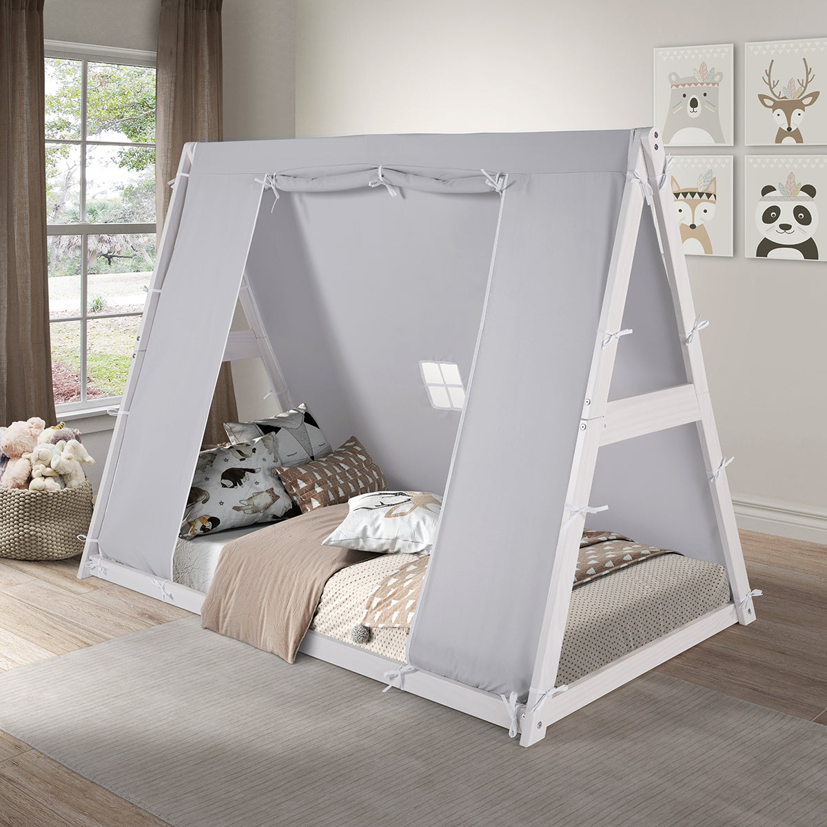 Kid's Tent Twin Floor Bed – Grey Tent With White Frame