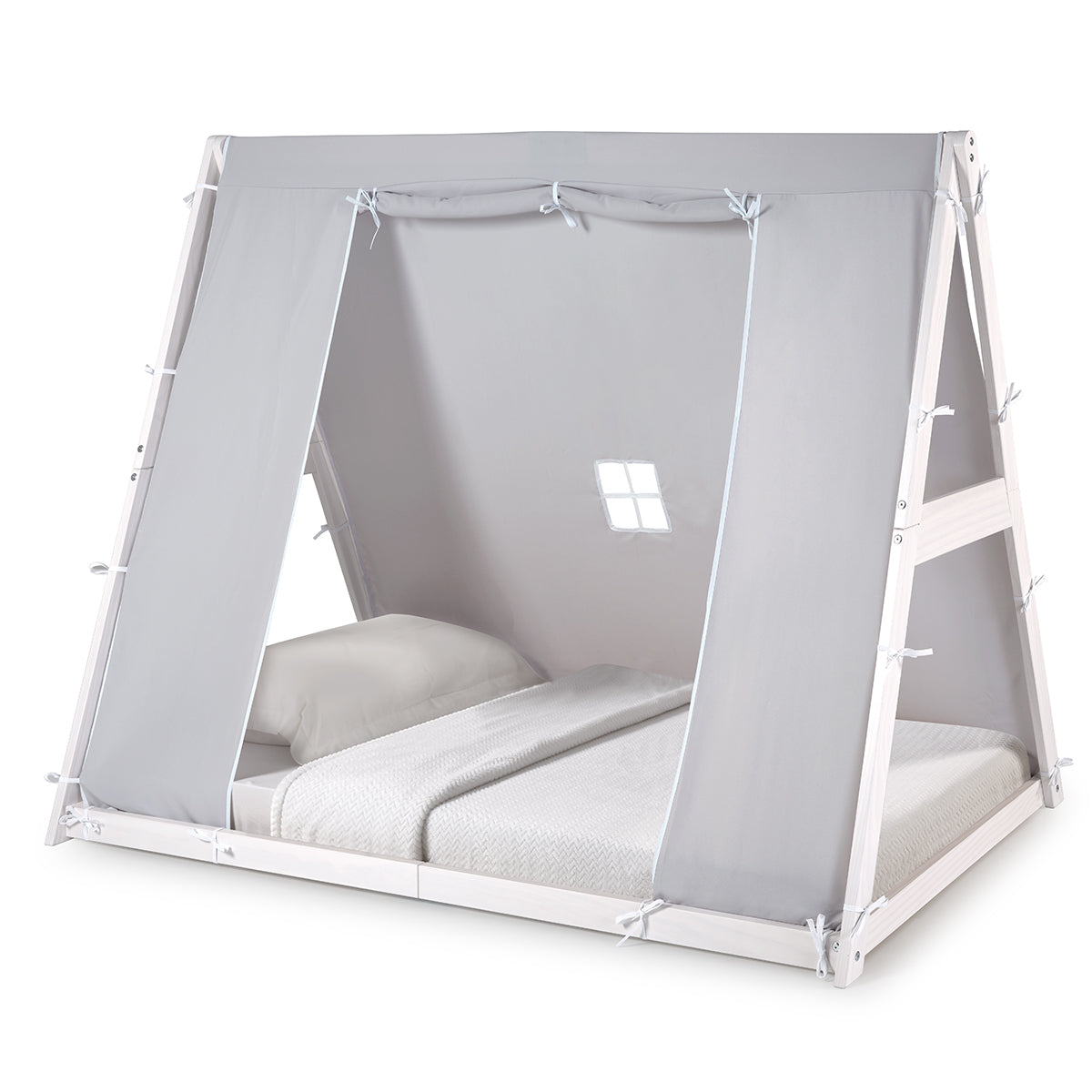 Kid's Tent Twin Floor Bed – Grey Tent With White Frame