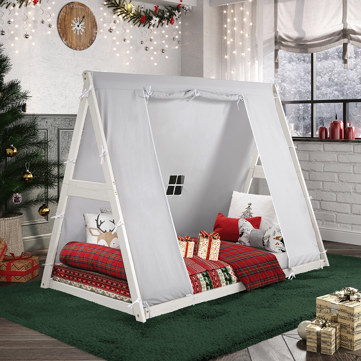 Kid's Tent Twin Floor Bed – Grey Tent With White Frame