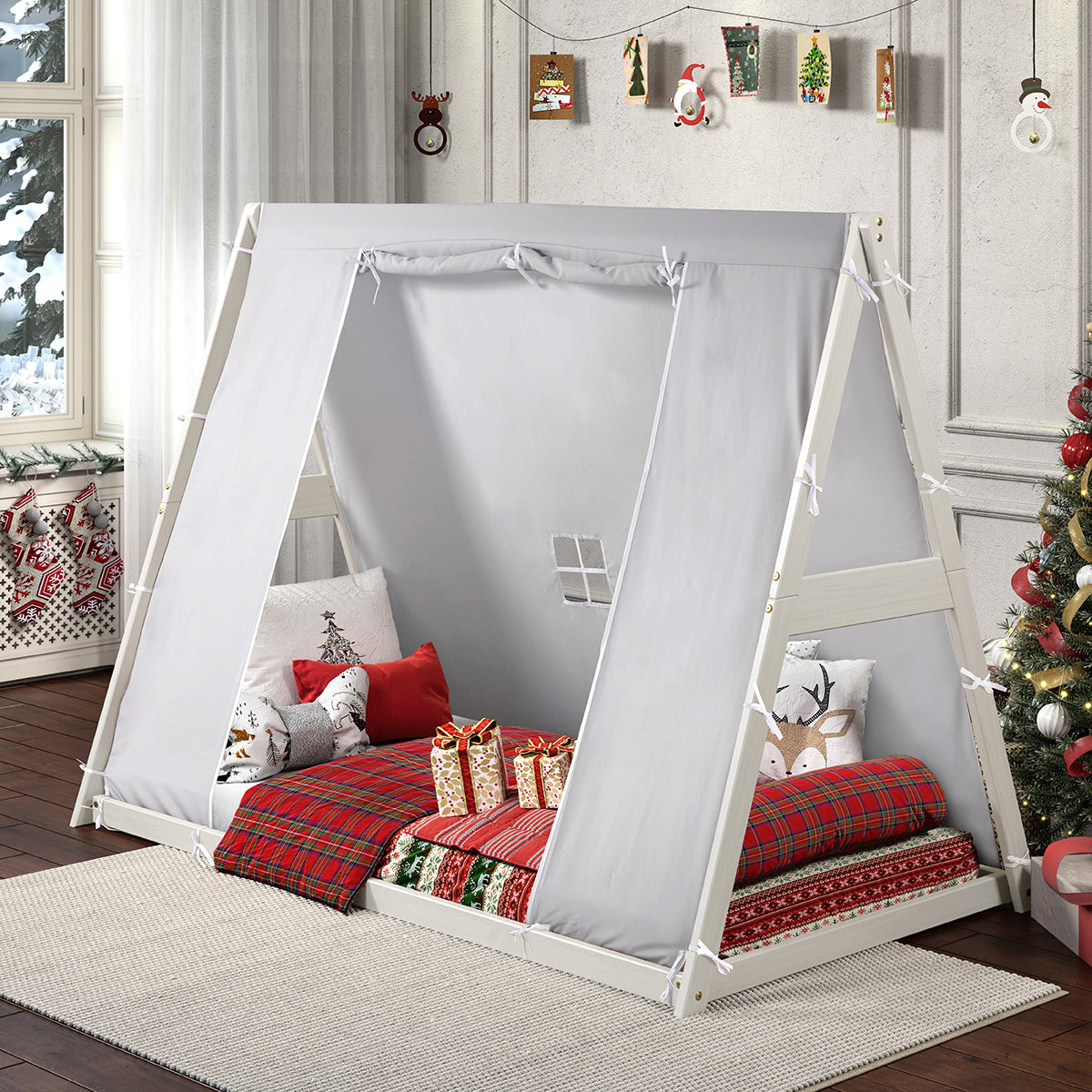 Kid's Tent Twin Floor Bed – Grey Tent With White Frame