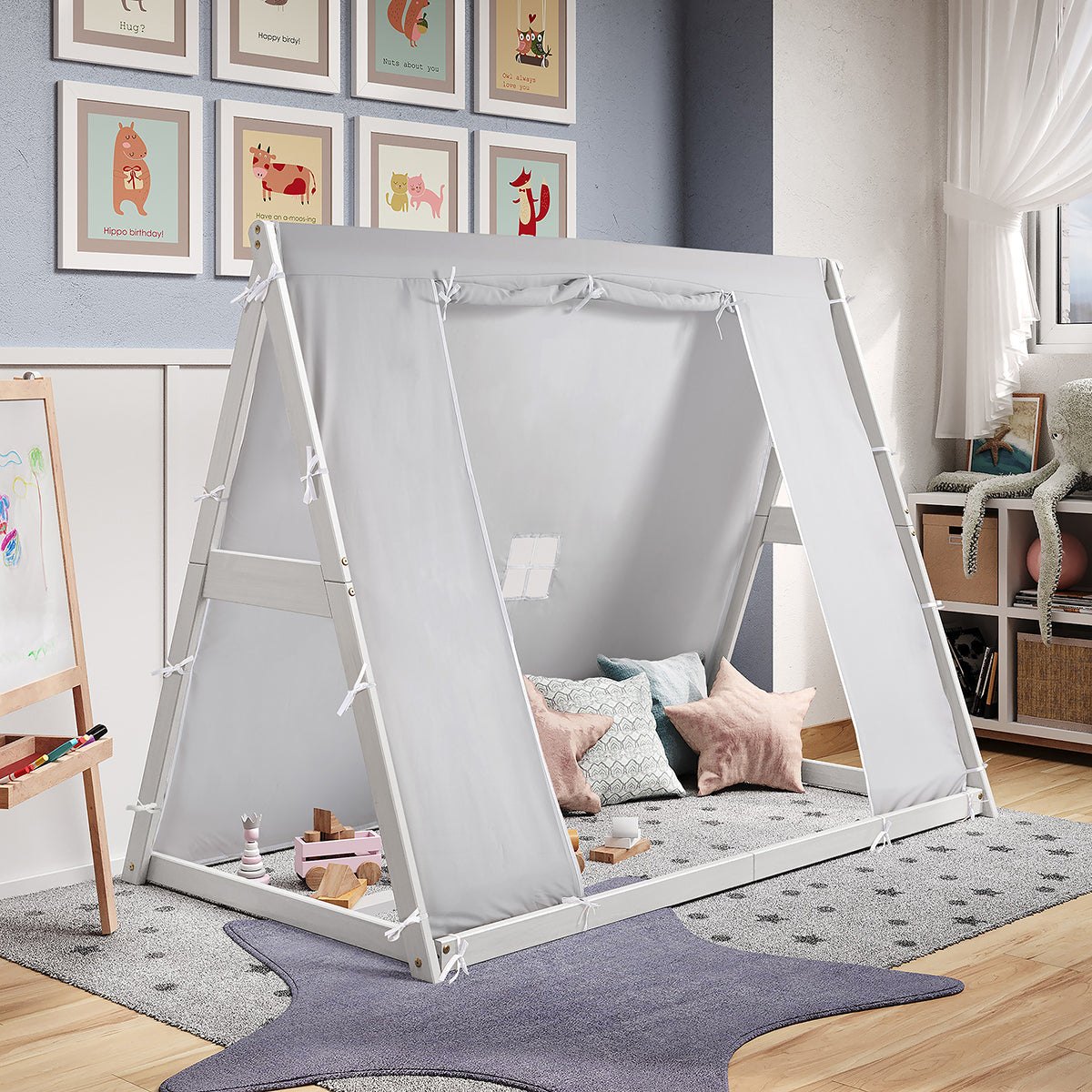 Kid's Tent Twin Floor Bed – Grey Tent With White Frame
