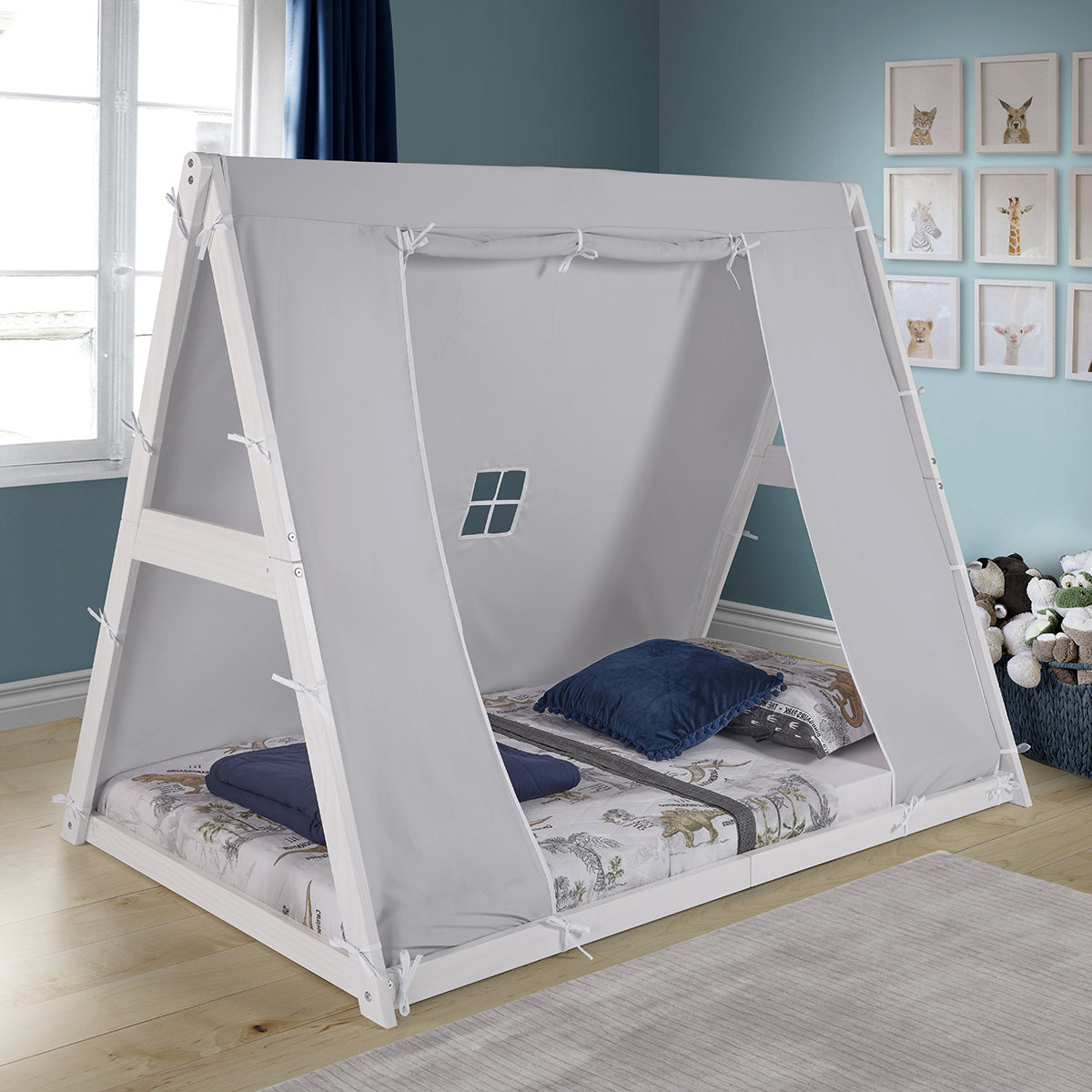 Kid's Tent Twin Floor Bed – Grey Tent With White Frame