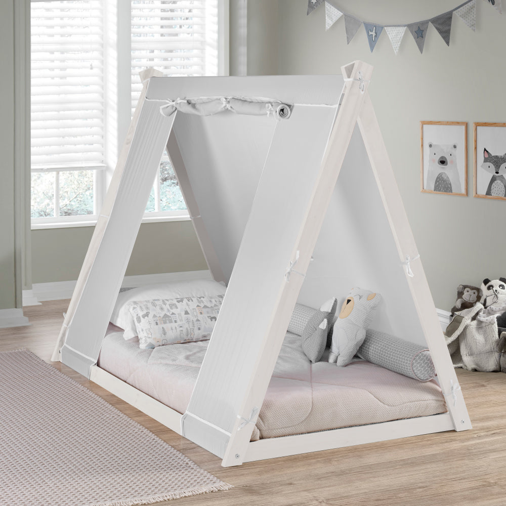 Kid's Tent Twin Floor Bed – Grey Tent with White Frame