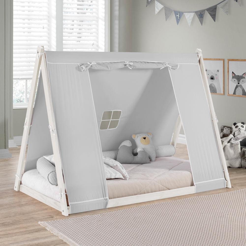 Kid's Tent Twin Floor Bed – Grey Tent with White Frame