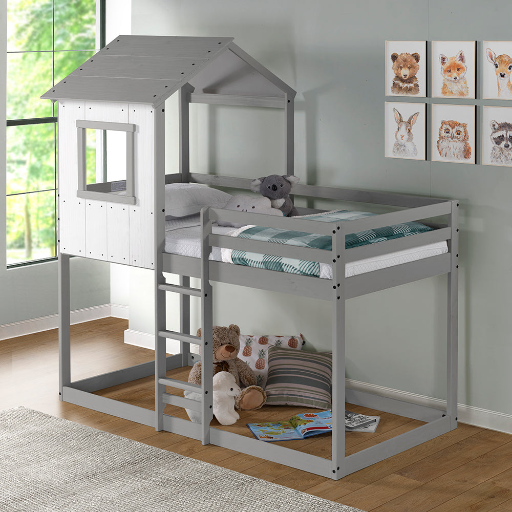 Tree House Bunk Bed – Rustic White Wall with Light Grey Roof and Frame