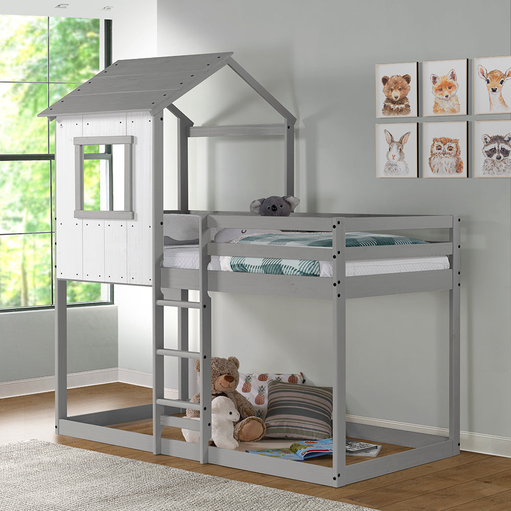 Tree House Bunk Bed – Rustic White Wall with Light Grey Roof and Frame