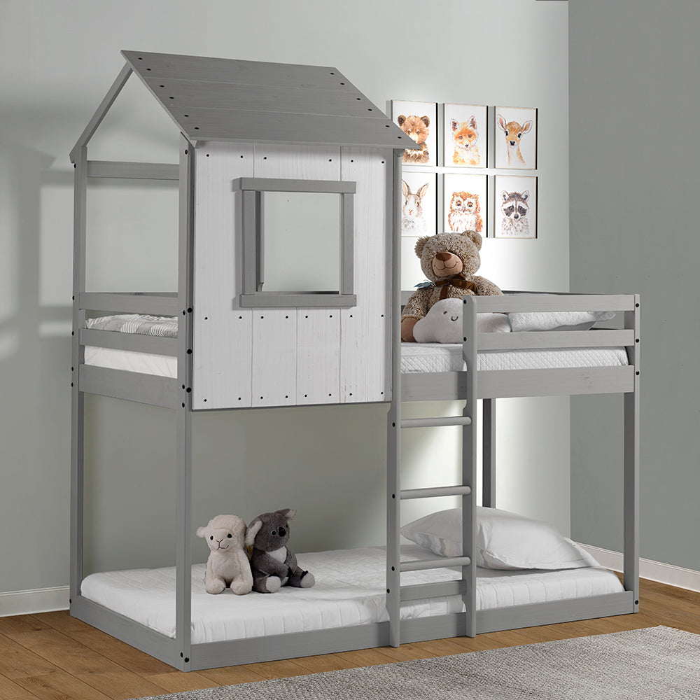 Tree House Bunk Bed – Rustic White Wall with Light Grey Roof and Frame