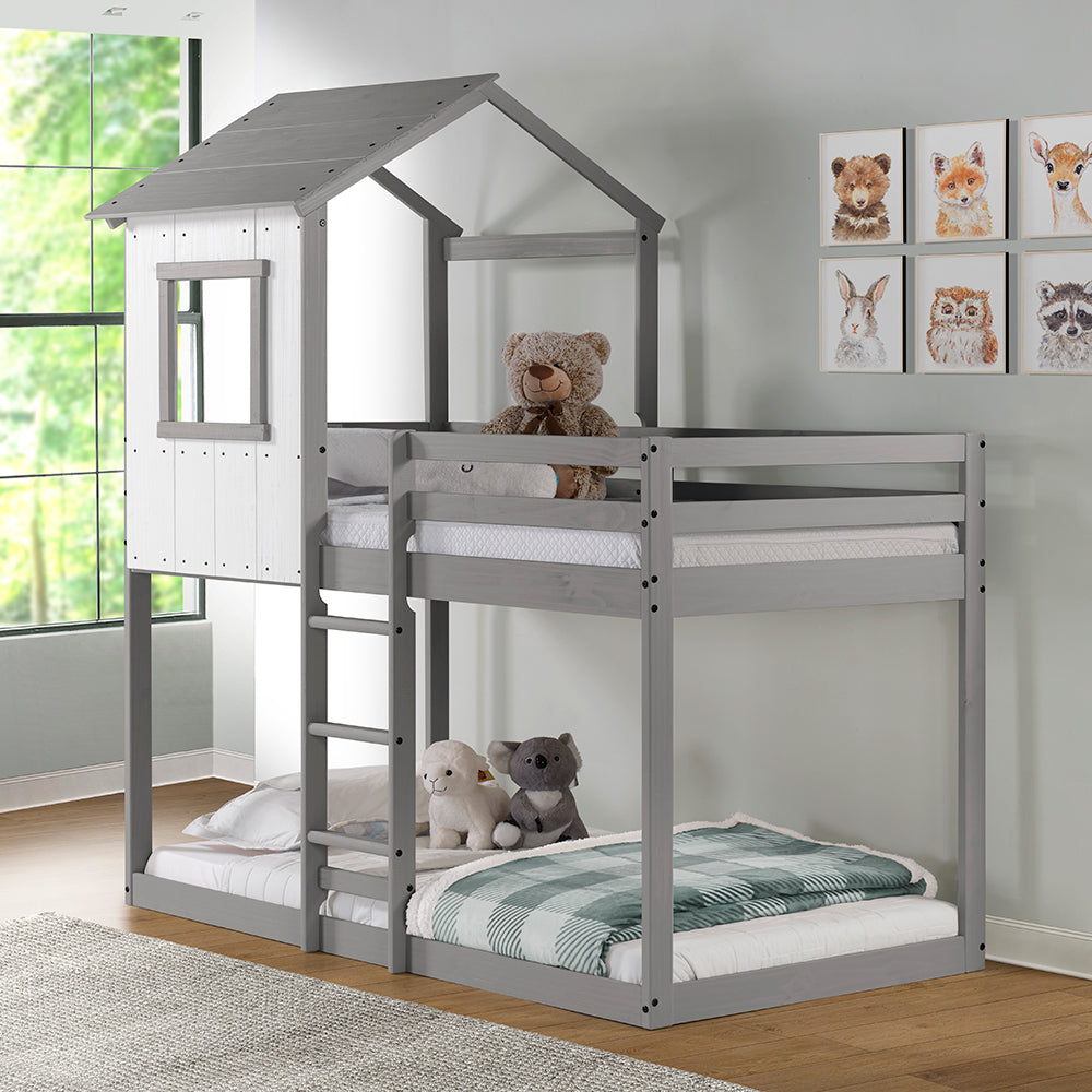 Tree House Bunk Bed – Rustic White Wall with Light Grey Roof and Frame