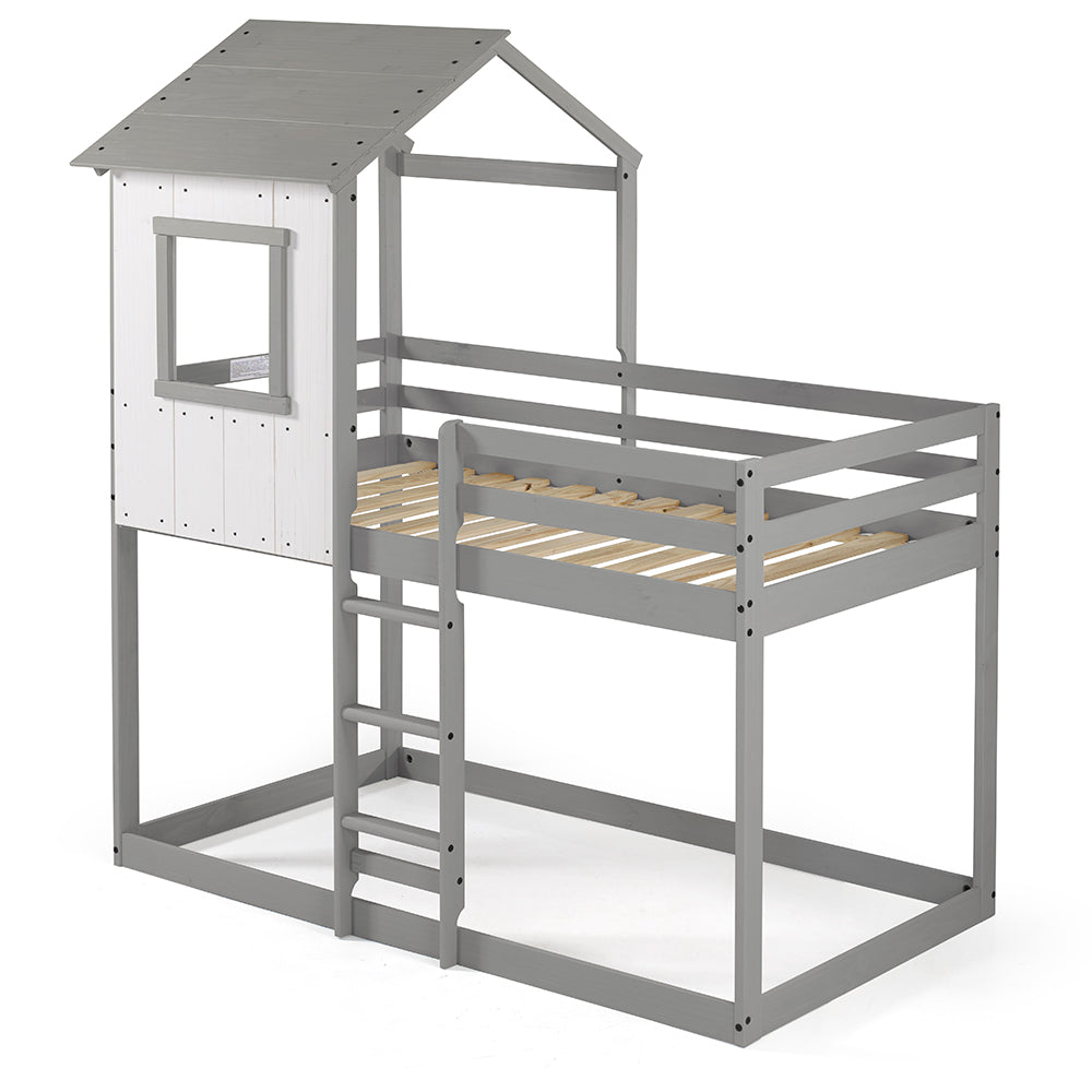 Tree House Bunk Bed – Rustic White Wall with Light Grey Roof and Frame