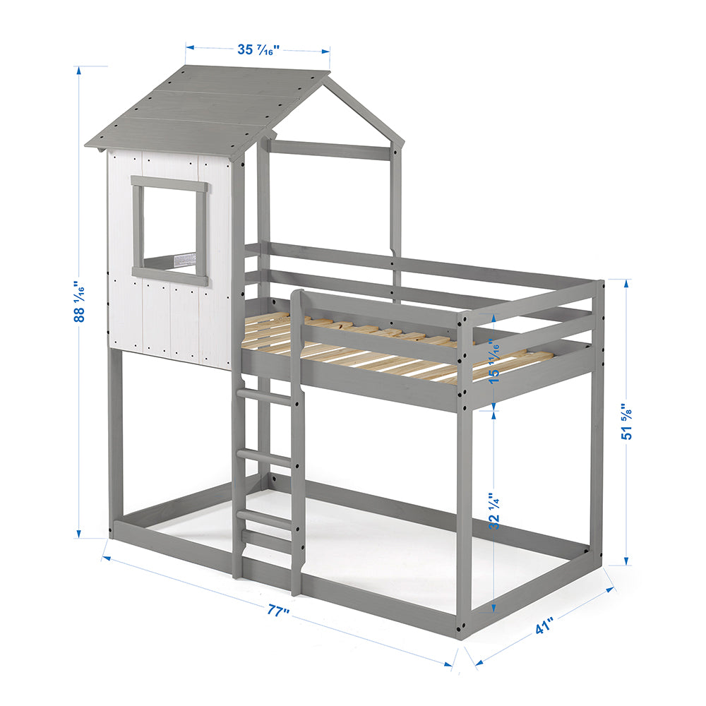 Tree House Bunk Bed – Rustic White Wall with Light Grey Roof and Frame