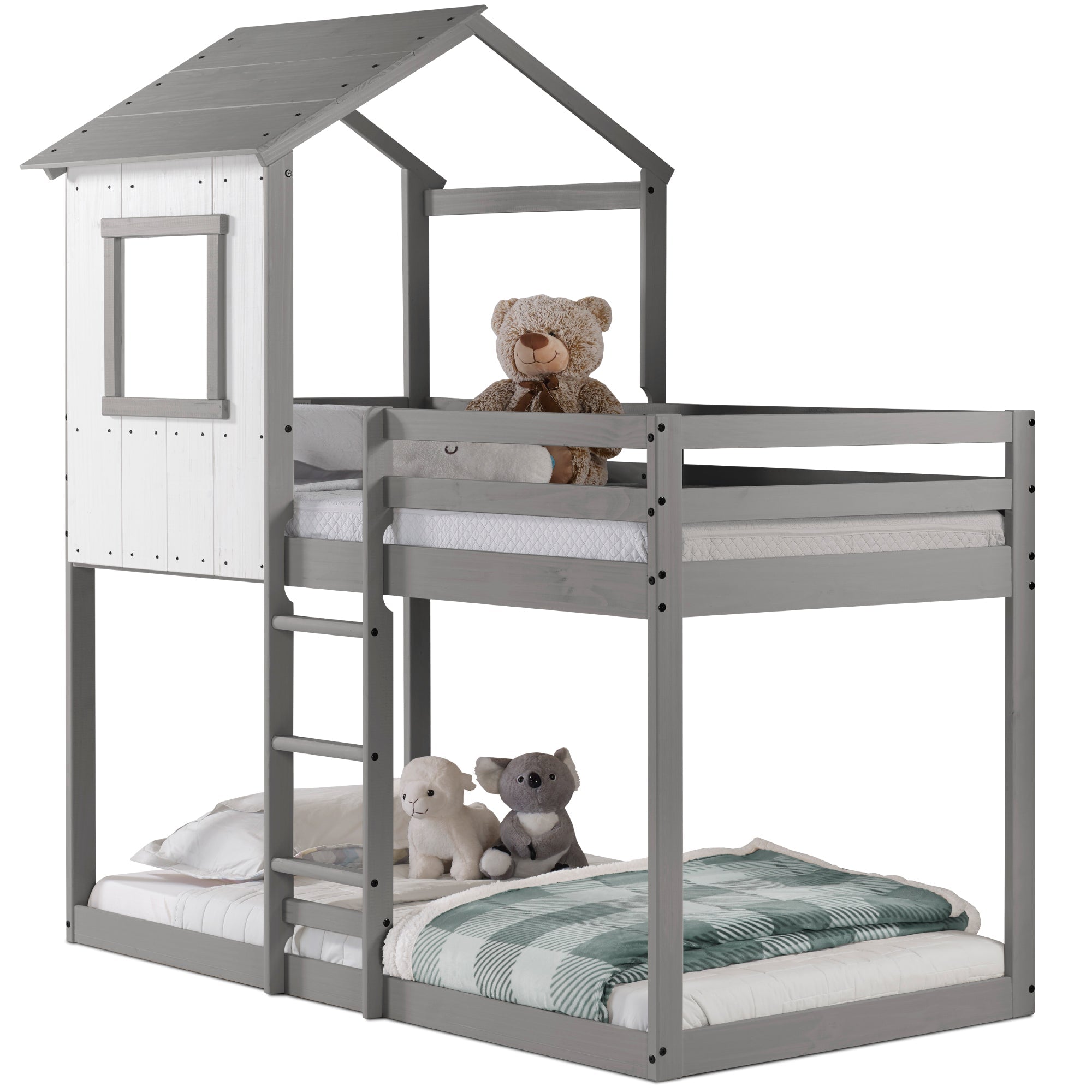 Tree House Bunk Bed – Rustic White Wall with Light Grey Roof and Frame