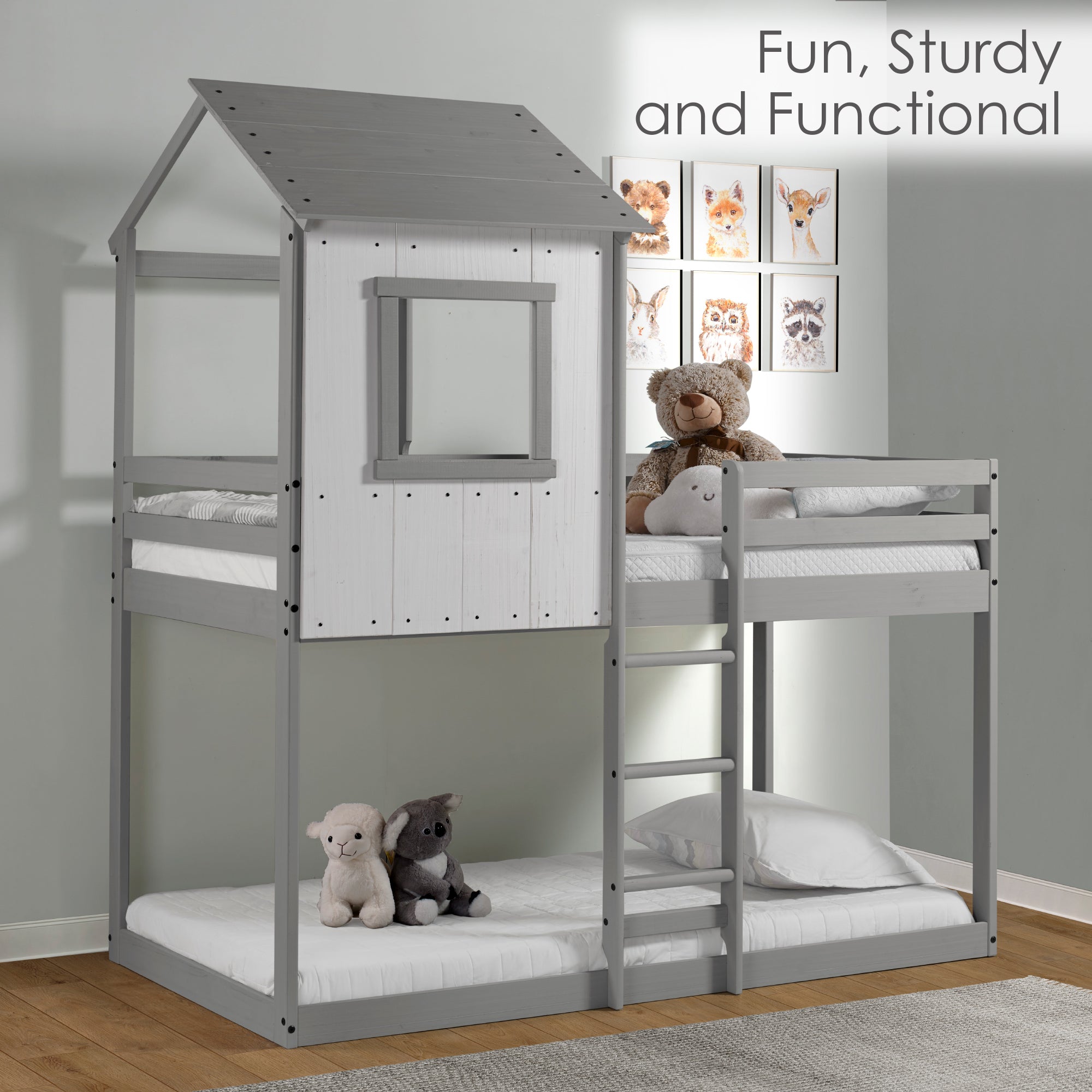 Tree House Bunk Bed – Rustic White Wall with Light Grey Roof and Frame