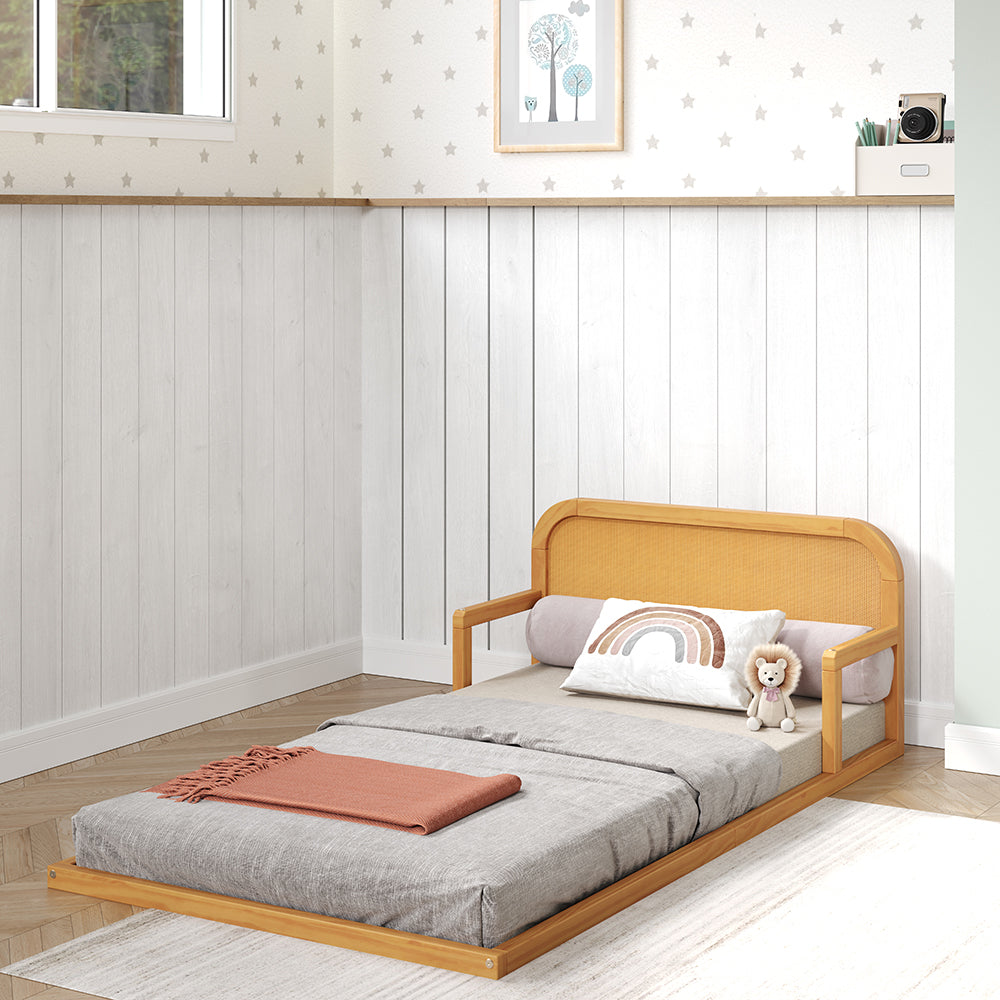 Rattan Solid Wood Kids Twin Floor Bed - Curva by P'kolino