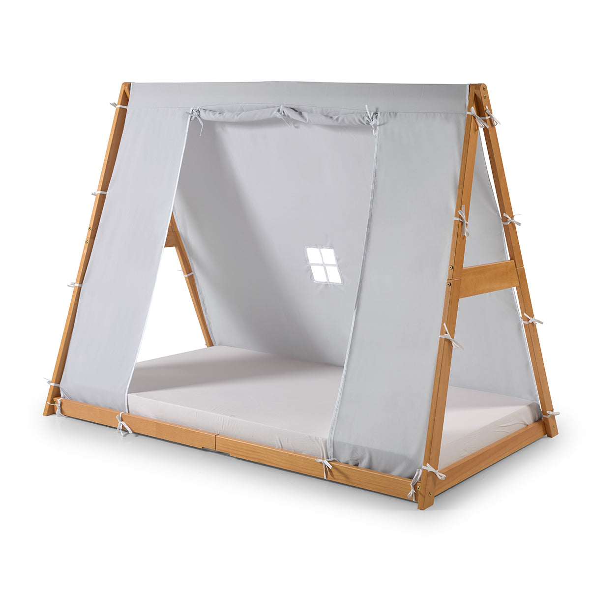 Kid's Tent Twin Floor Bed –  Grey Tent With Natural Frame