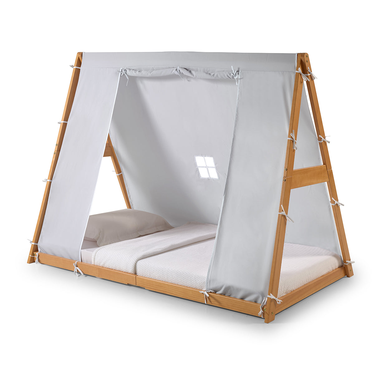 Kid's Tent Twin Floor Bed –  Grey Tent With Natural Frame