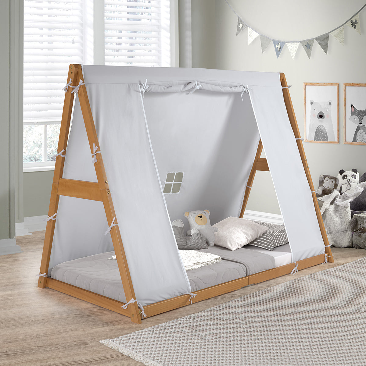 Kid's Tent Twin Floor Bed –  Grey Tent With Natural Frame