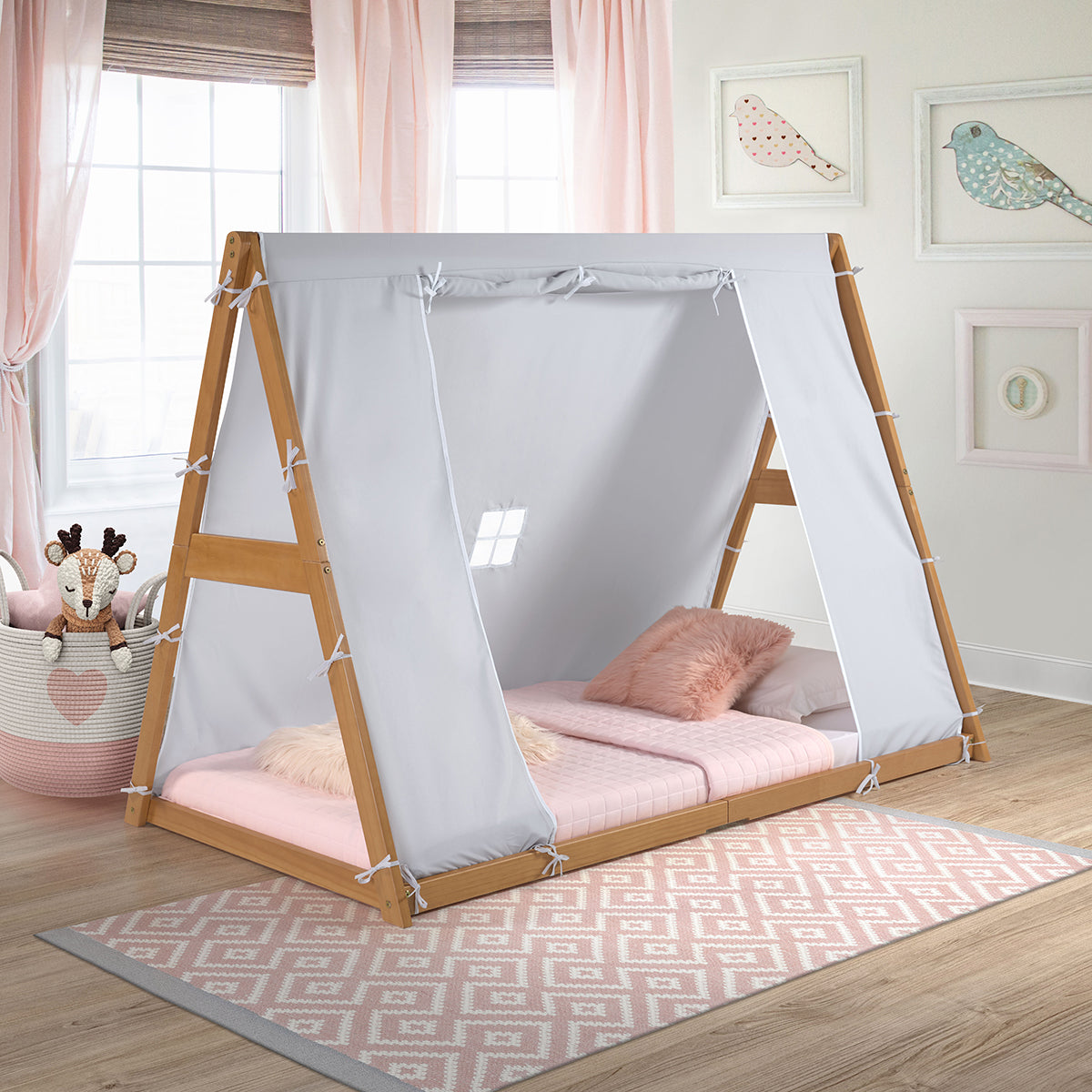 Kid's Tent Twin Floor Bed –  Grey Tent With Natural Frame