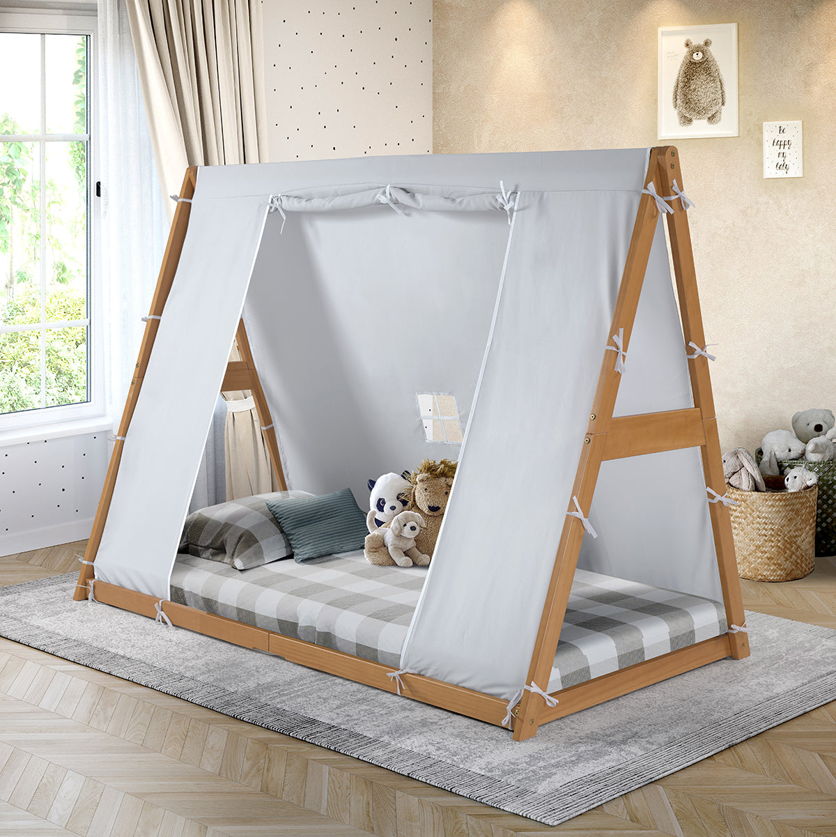Kid's Tent Twin Floor Bed –  Grey Tent With Natural Frame
