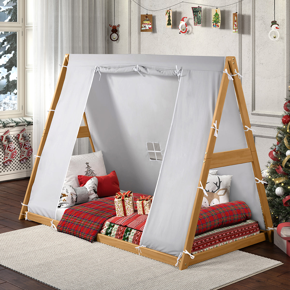 Kid's Tent Twin Floor Bed –  Grey Tent With Natural Frame
