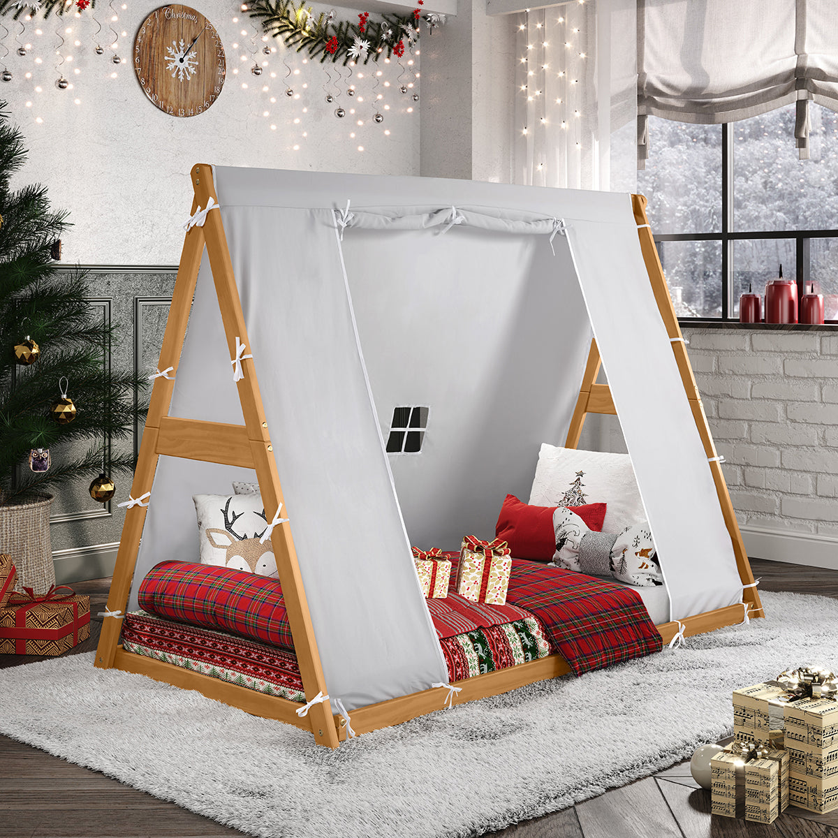 Kid's Tent Twin Floor Bed –  Grey Tent With Natural Frame