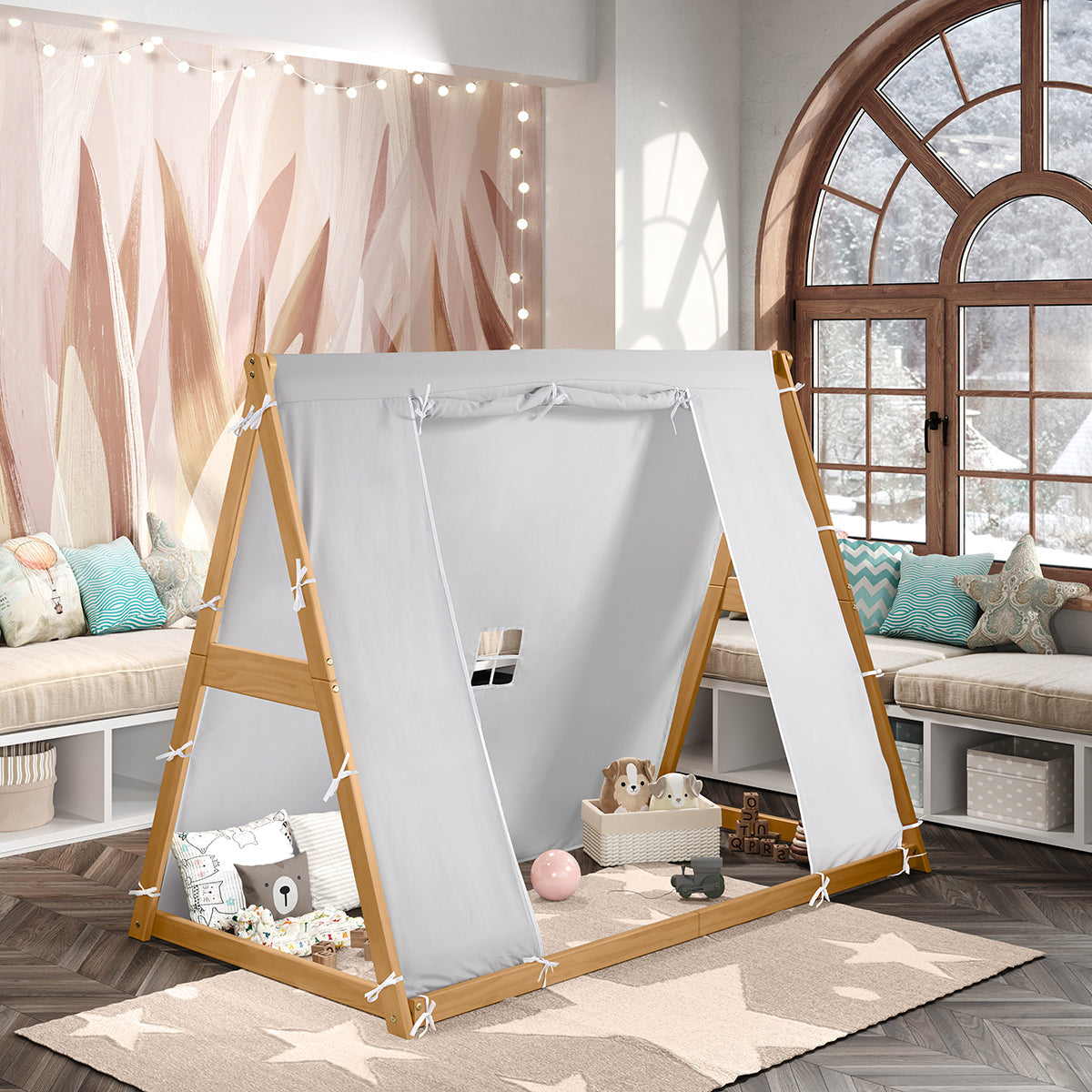 Kid's Tent Twin Floor Bed –  Grey Tent With Natural Frame