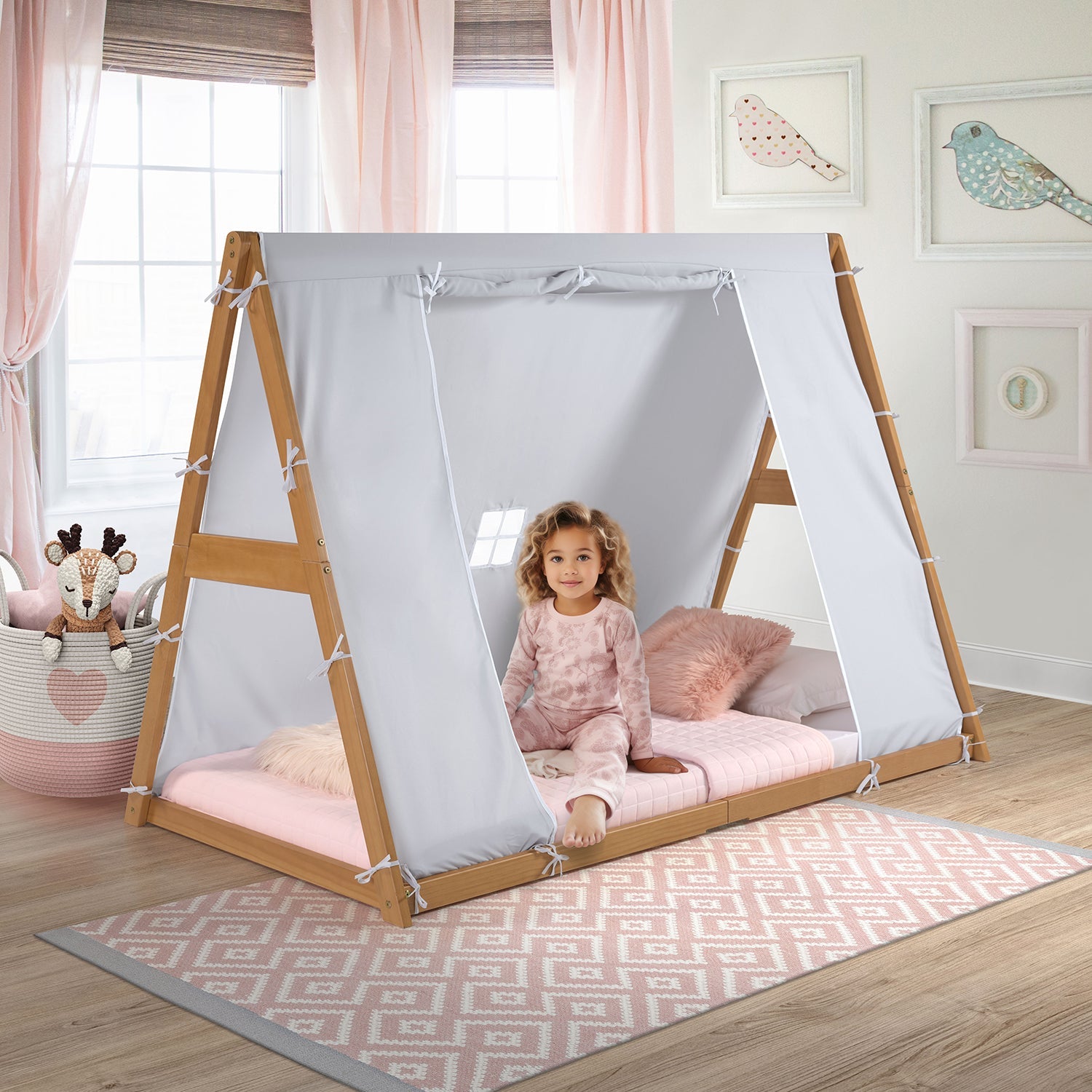 Kid's Tent Twin Floor Bed –  Grey Tent With Natural Frame