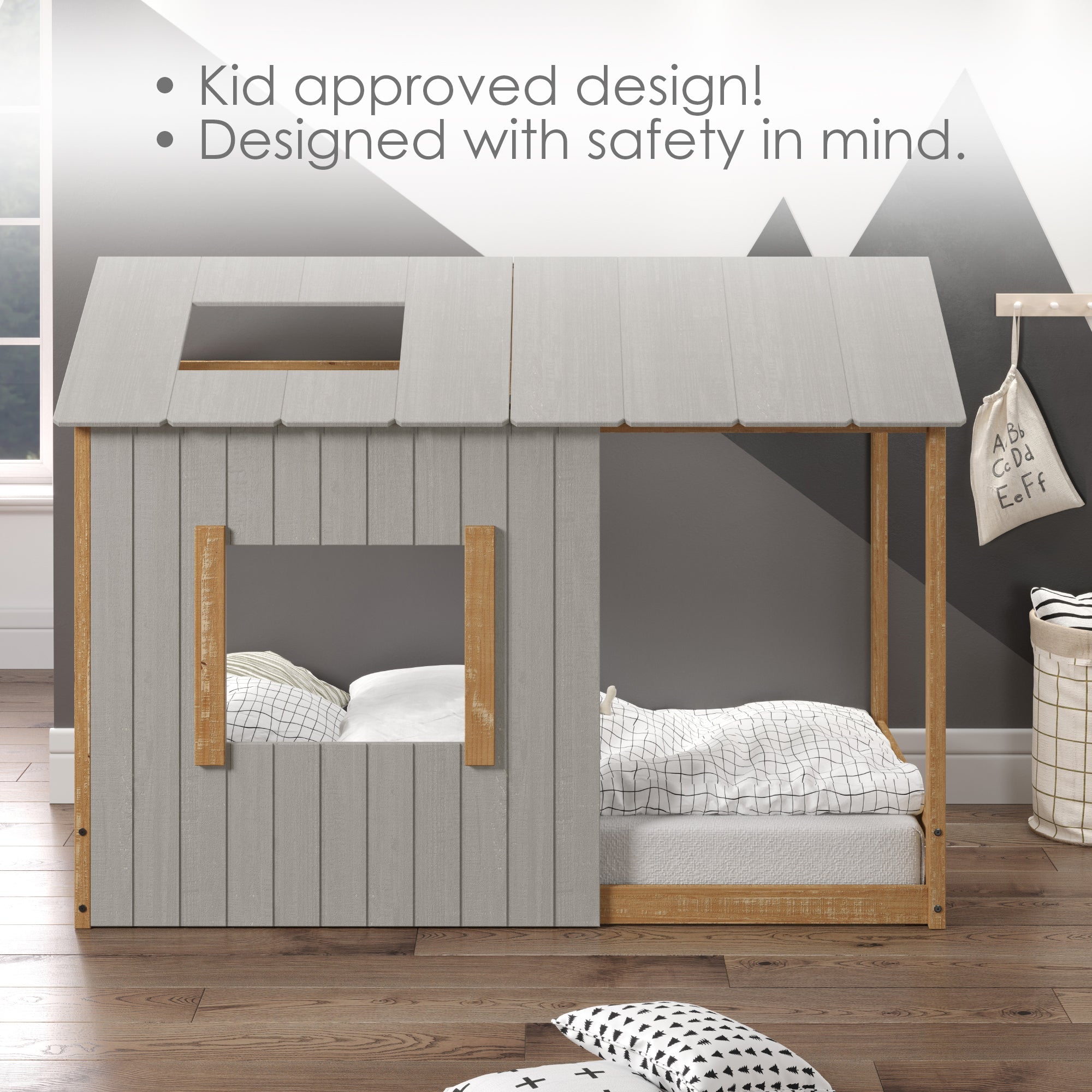 P'kolino Kid's House Twin Floor Bed - Grey with Natural