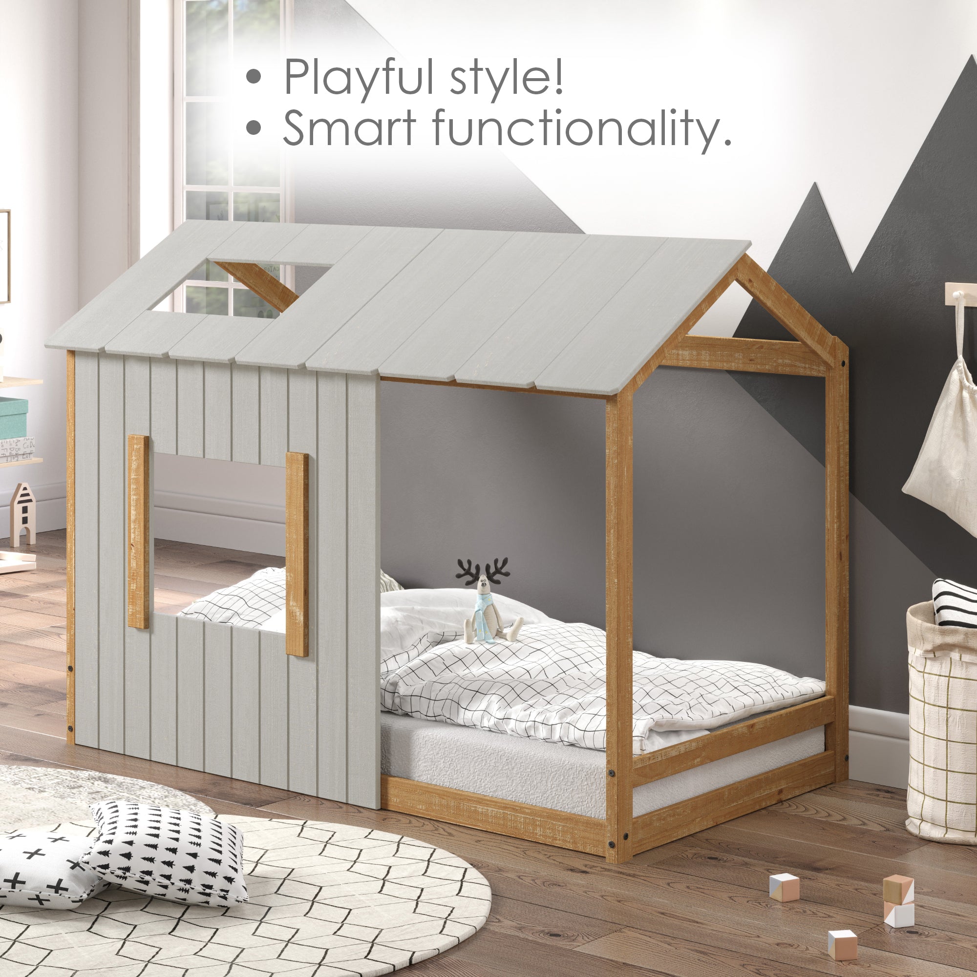 P'kolino Kid's House Twin Floor Bed - Grey with Natural