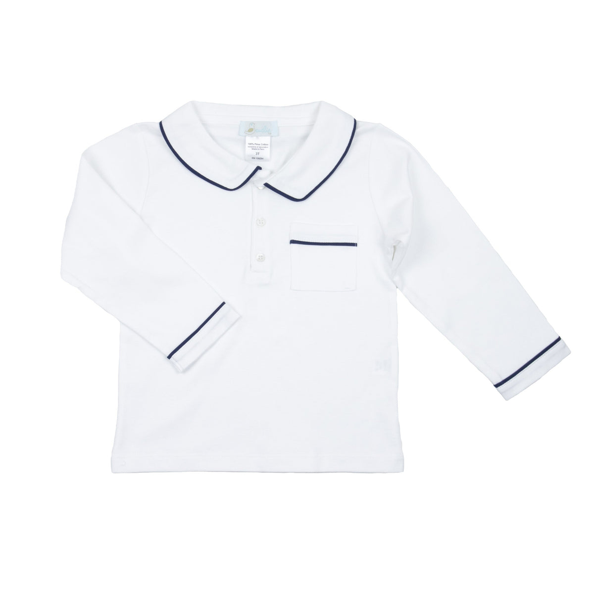 Boys White Pima Polo With Navy Piping