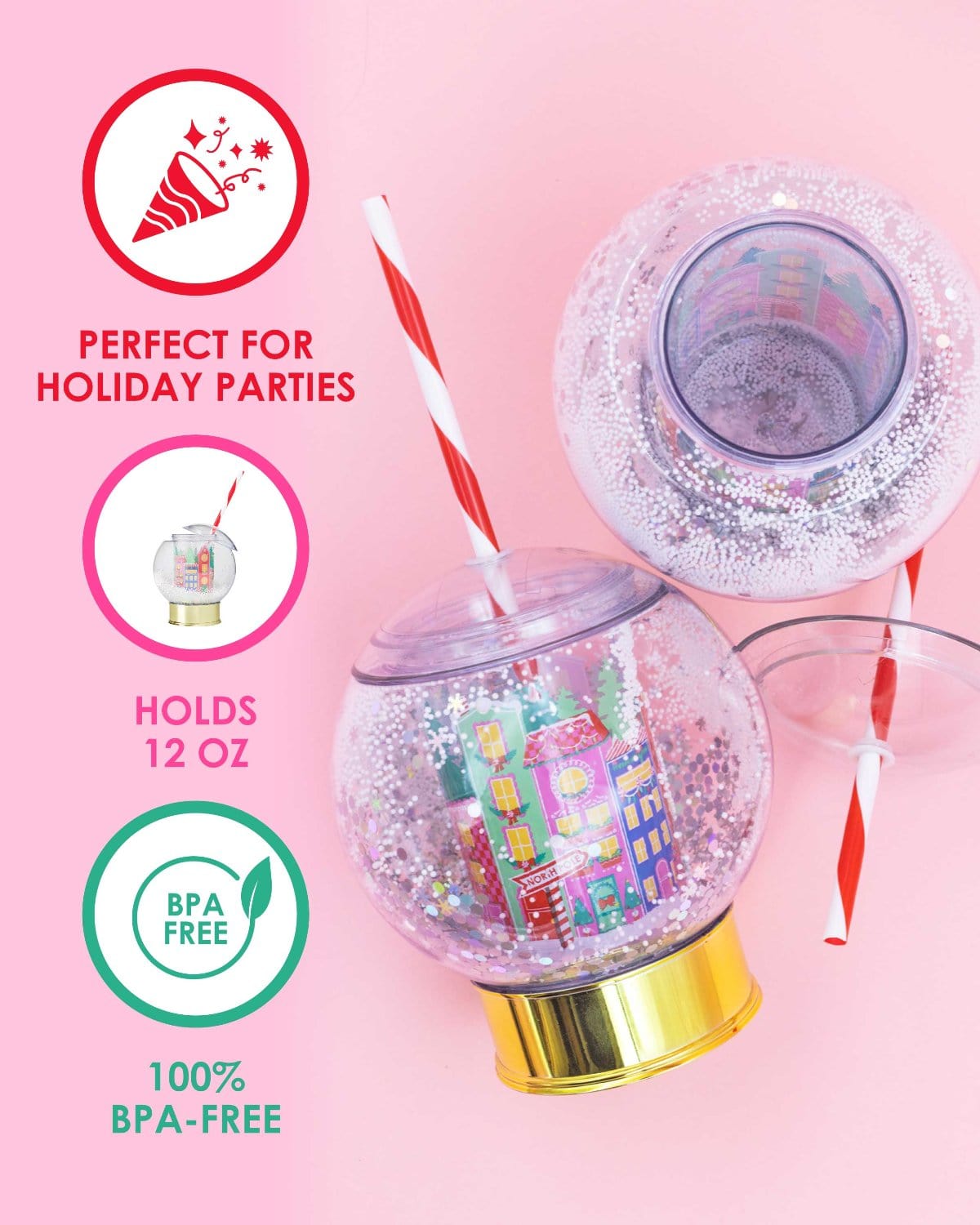 Holiday Village Snow Globe Novelty Sipper (christmas Cup - Set Of 1, 6, Or 12)