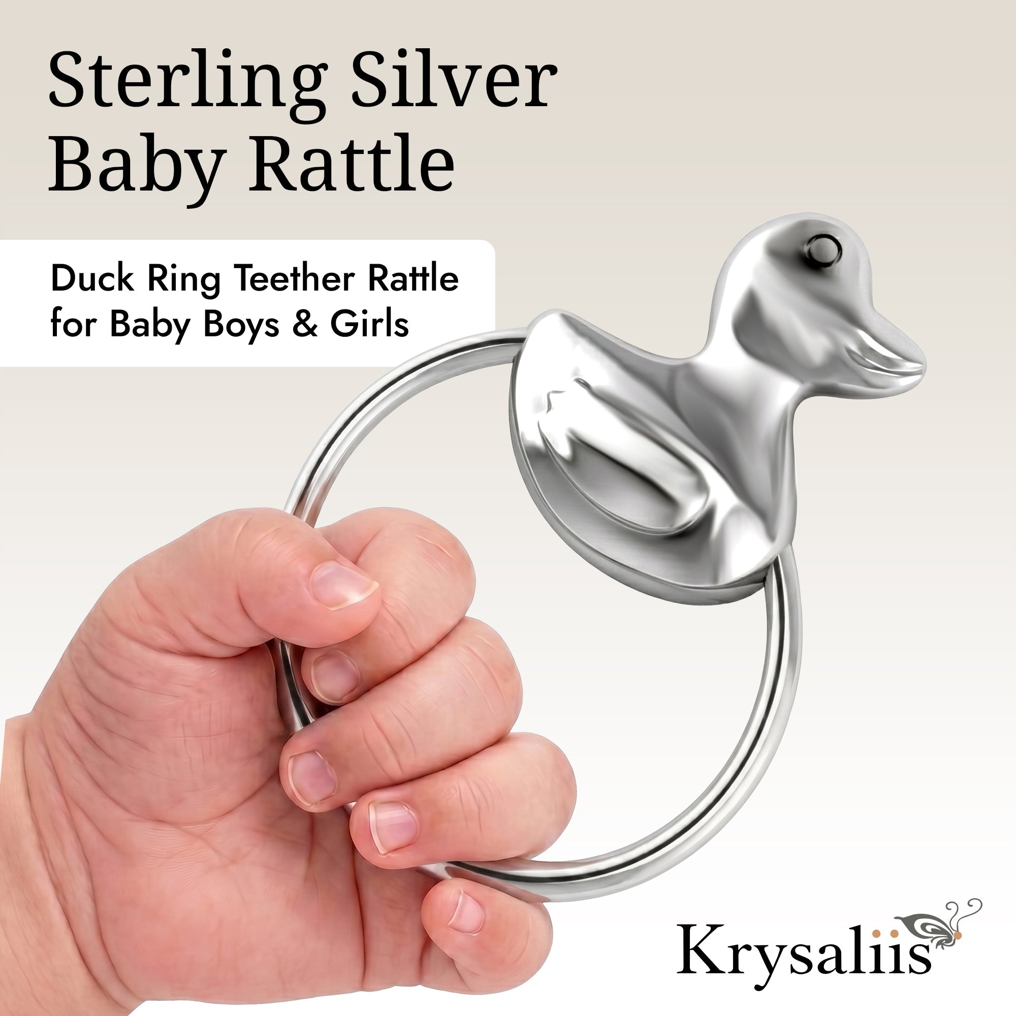 Krysaliis Sterling Silver Baby Rattle - Duck Ring