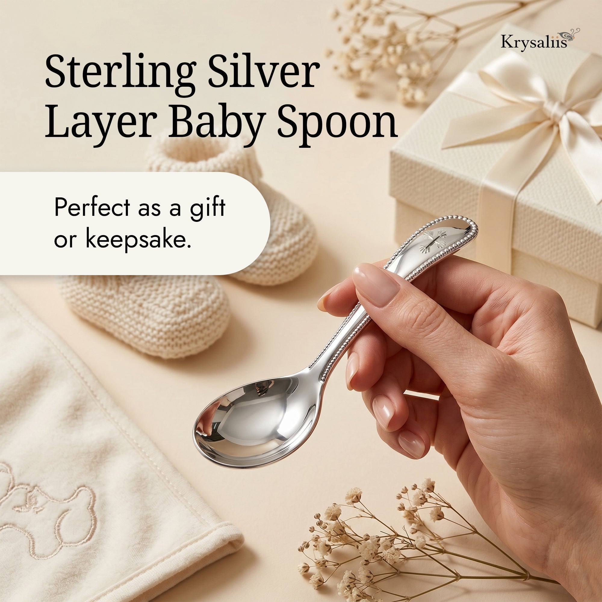 Krysaliis Sterling Silver Beaded Cross Feeding Spoon