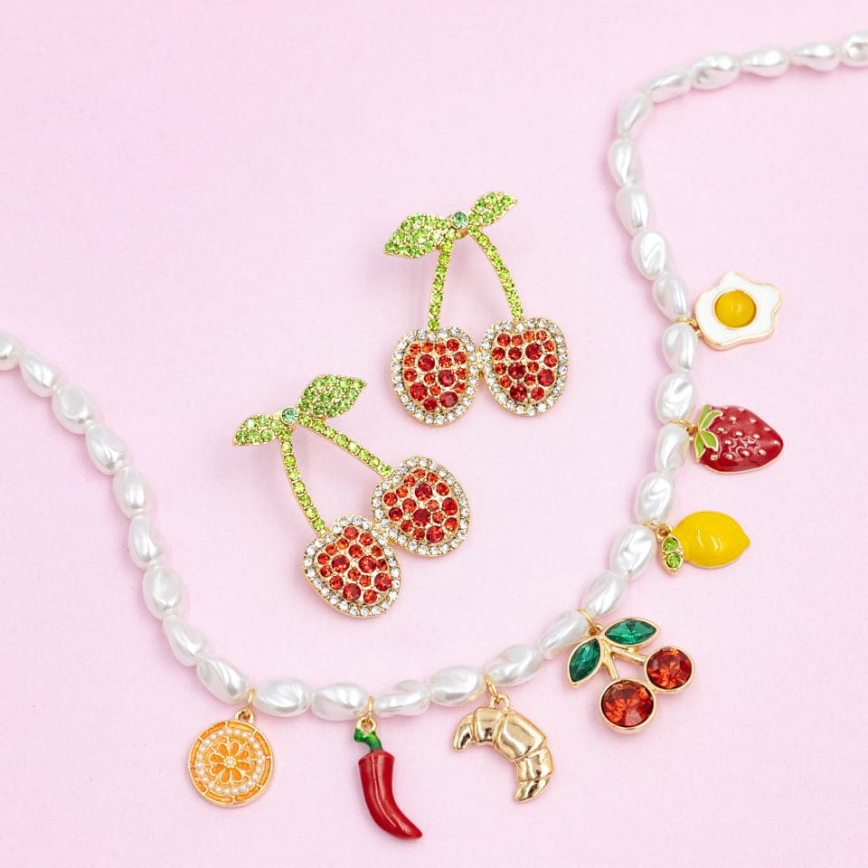 Cherry & Brunch Earrings And Charm Necklace Set